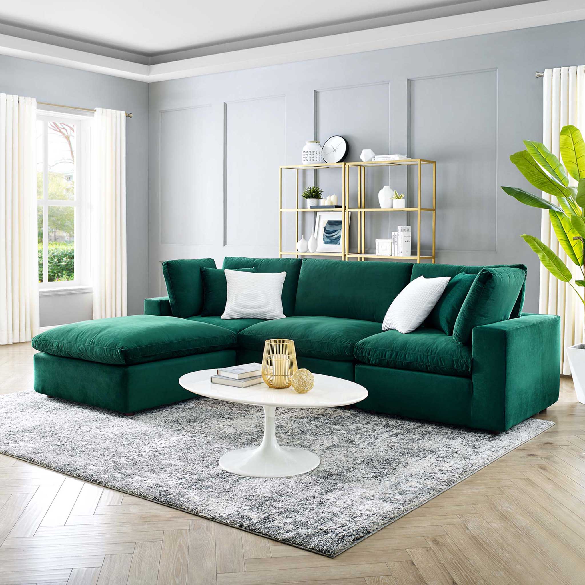 Carmen 4 Piece Modular Velvet Sofa with Ottoman Green - Image 9