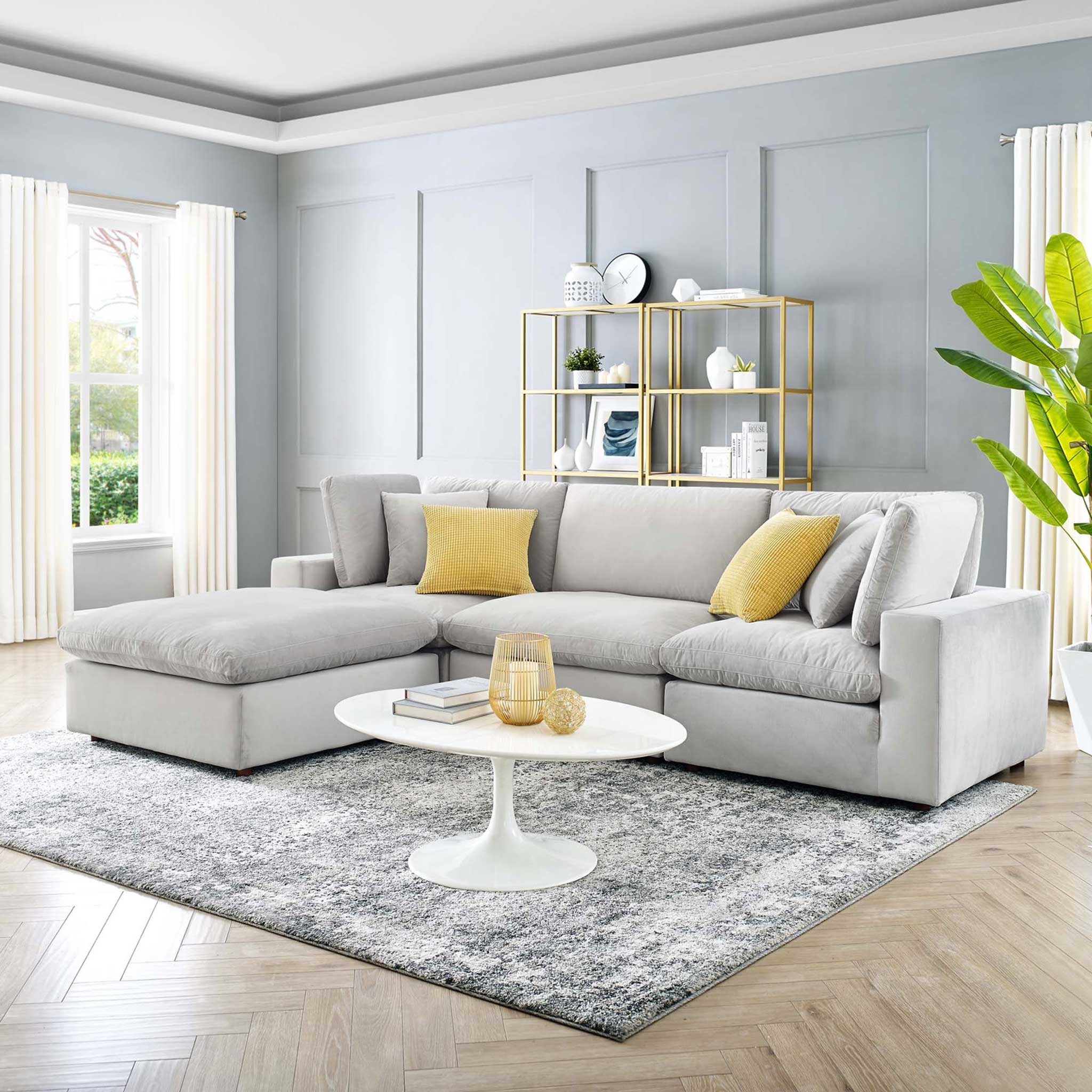 Carmen 4 Piece Modular Velvet Sofa with Ottoman Light Gray - Image 9