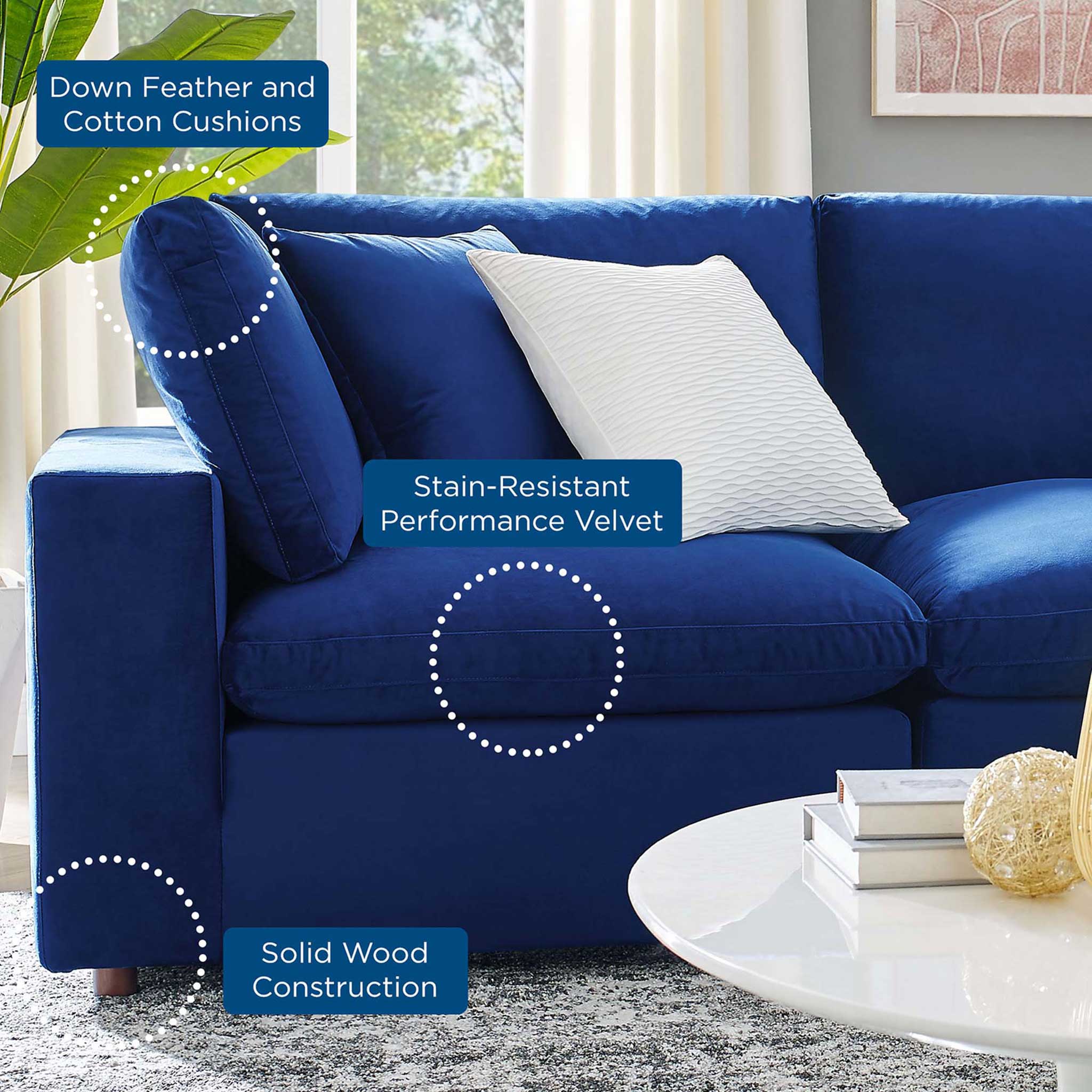Carmen 4 Piece Modular Velvet Sofa with Ottoman Navy - Image 8