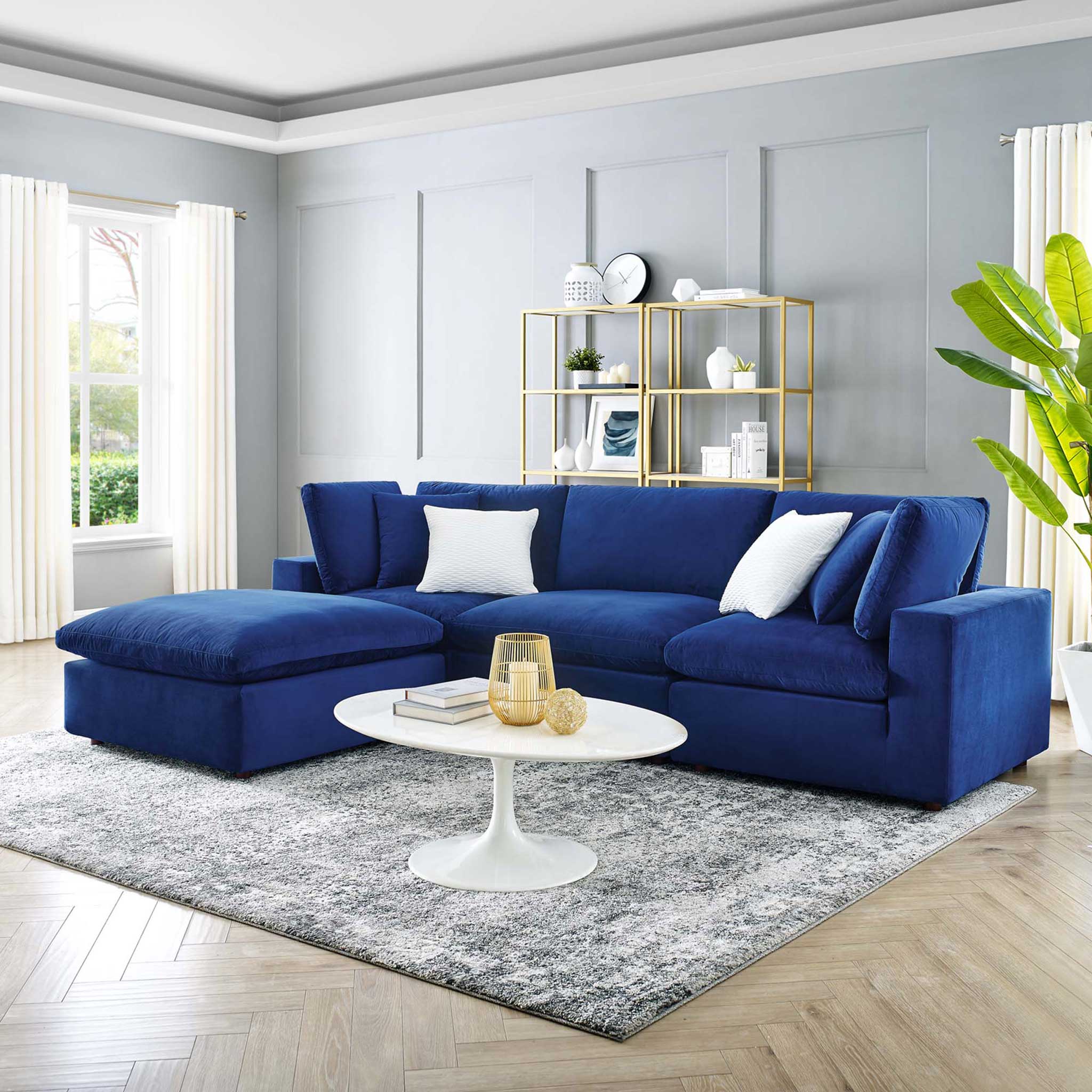 Carmen 4 Piece Modular Velvet Sofa with Ottoman Navy - Image 9