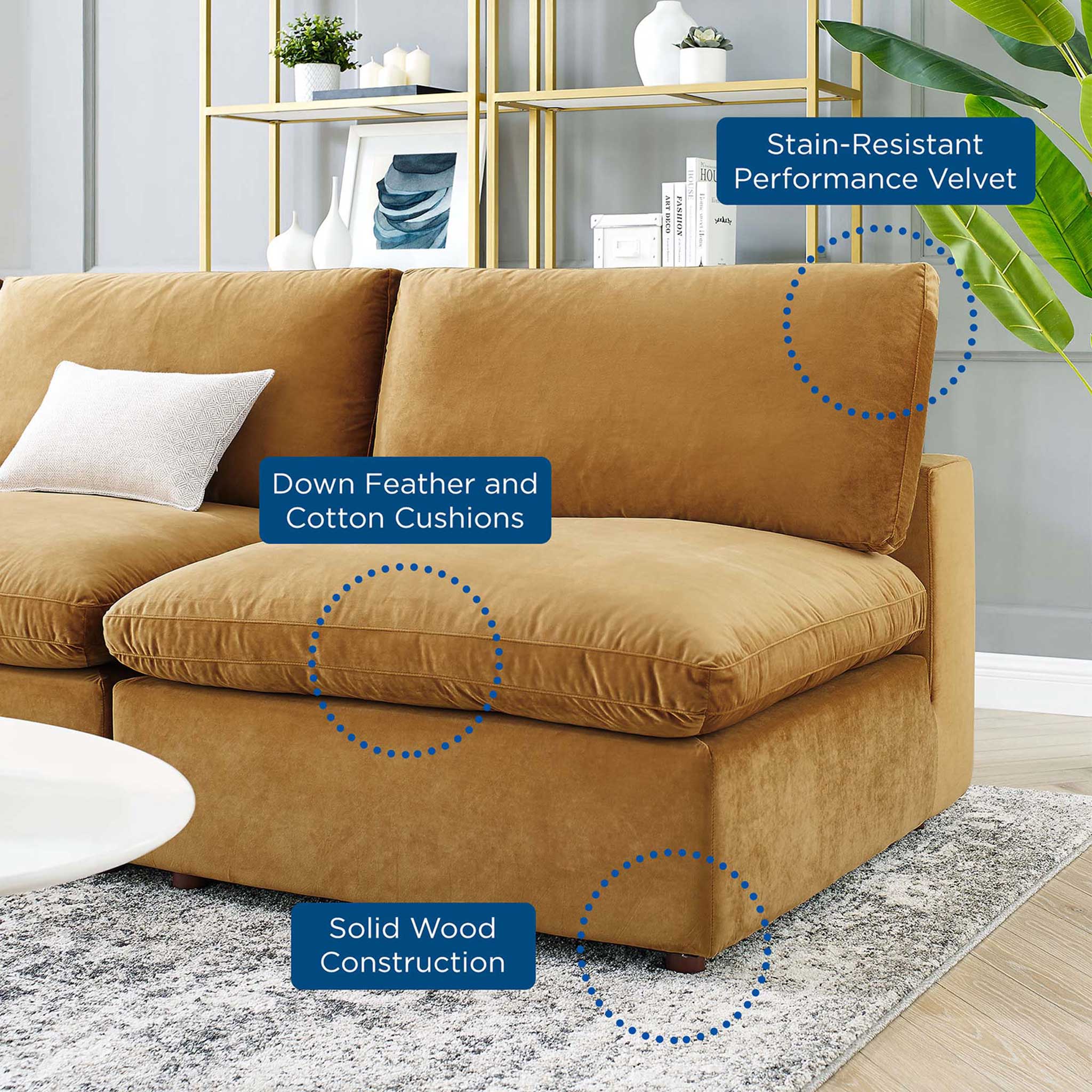 Carmen 5 Piece Armless Modular Velvet Sofa Cognac - Image 8