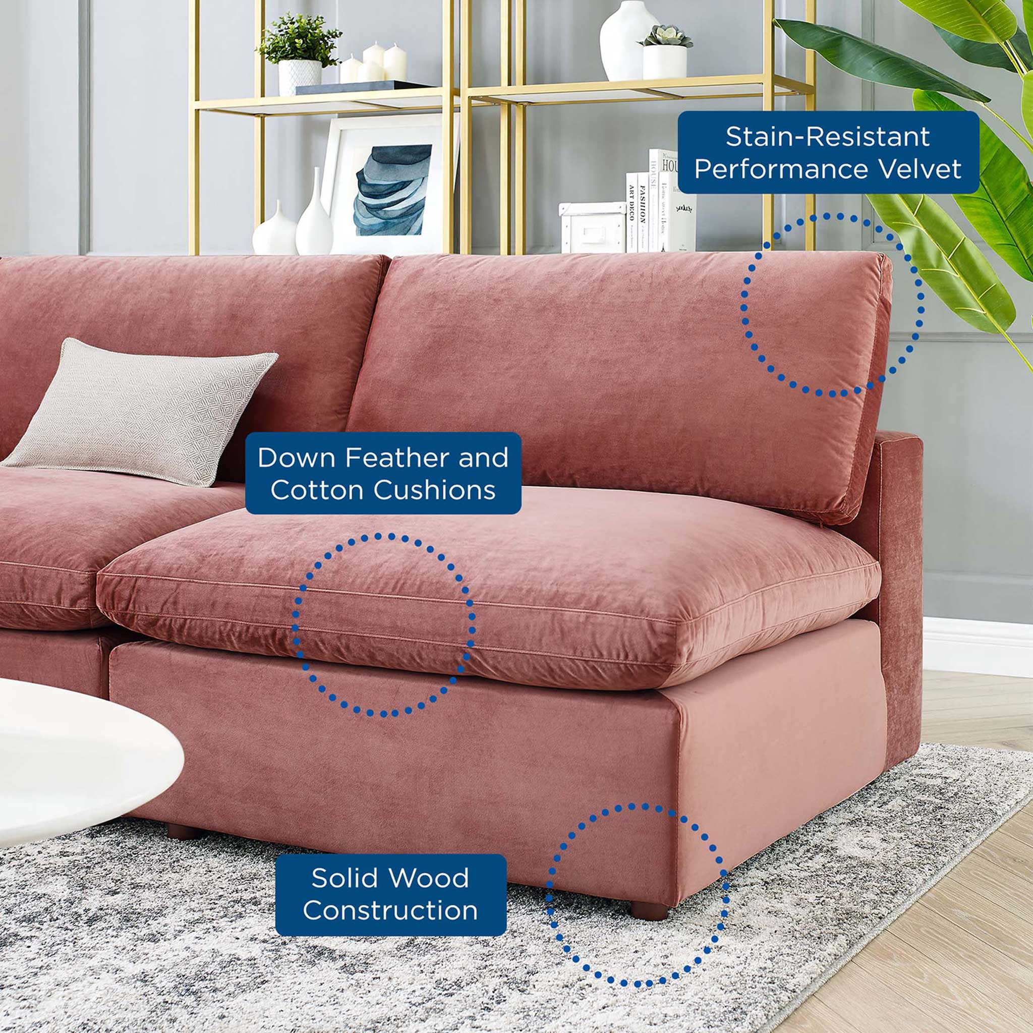 Carmen 5 Piece Armless Modular Velvet Sofa Dusty Rose - Image 7