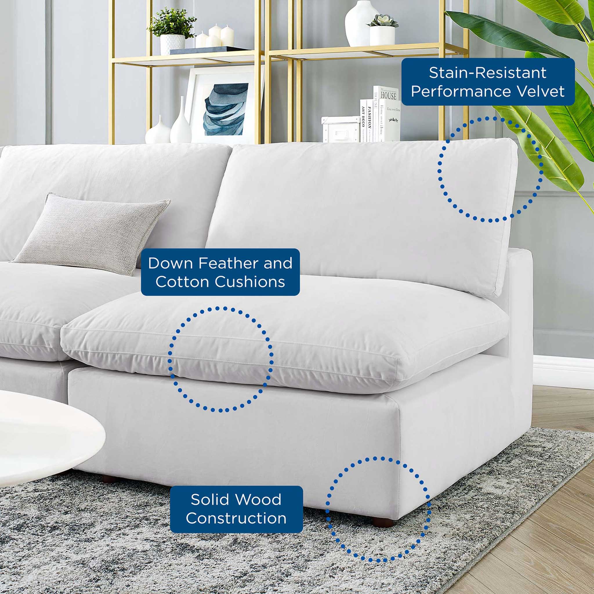 Carmen 5 Piece Armless Modular Velvet Sofa White - Image 7