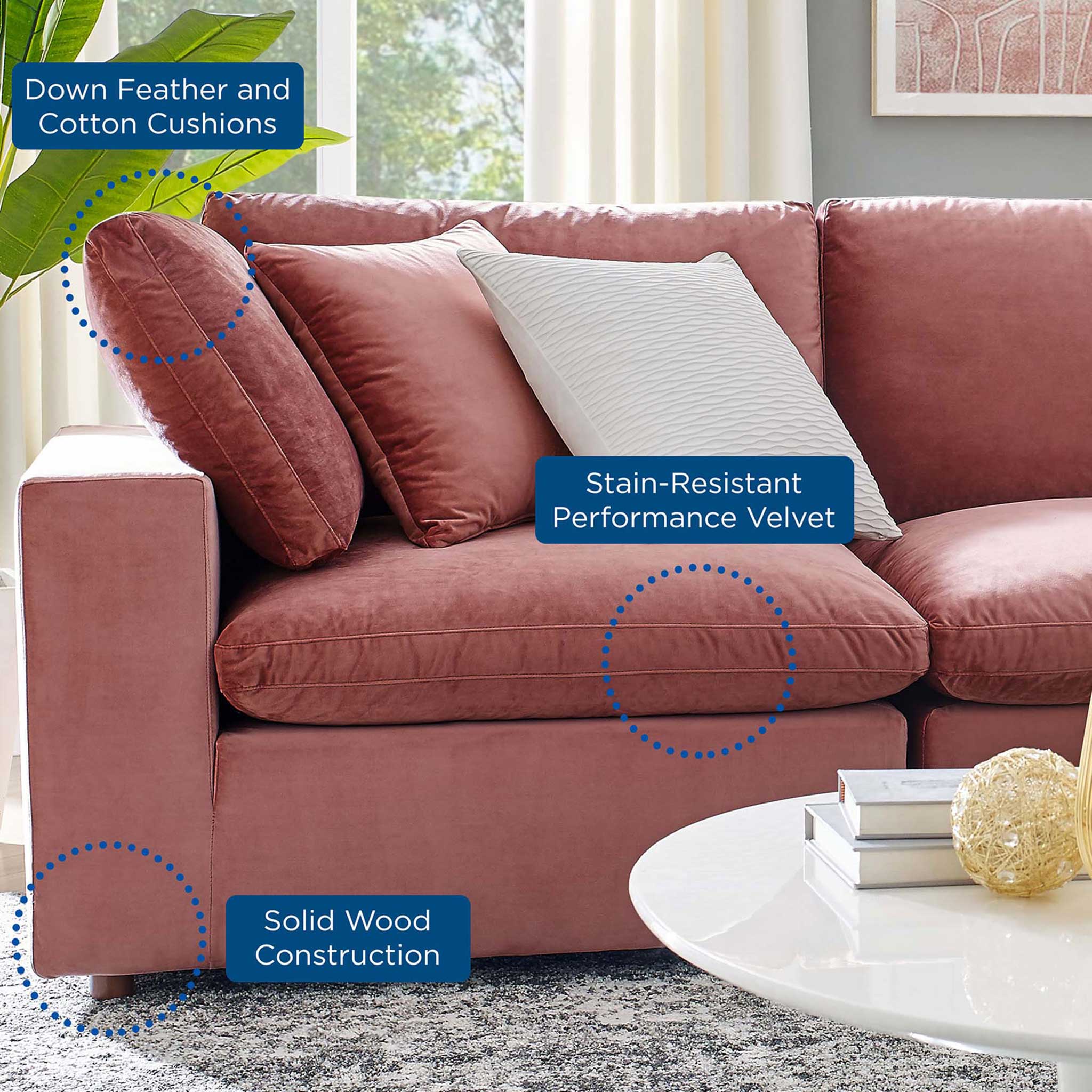 Carmen 5 Piece Modular Sectional Velvet Sofa Dusty Rose - Image 7