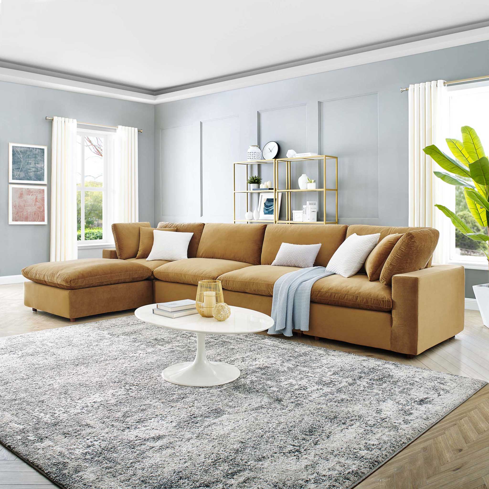 Carmen 5 Piece Modular Velvet Sofa with Ottoman Cognac - Image 9
