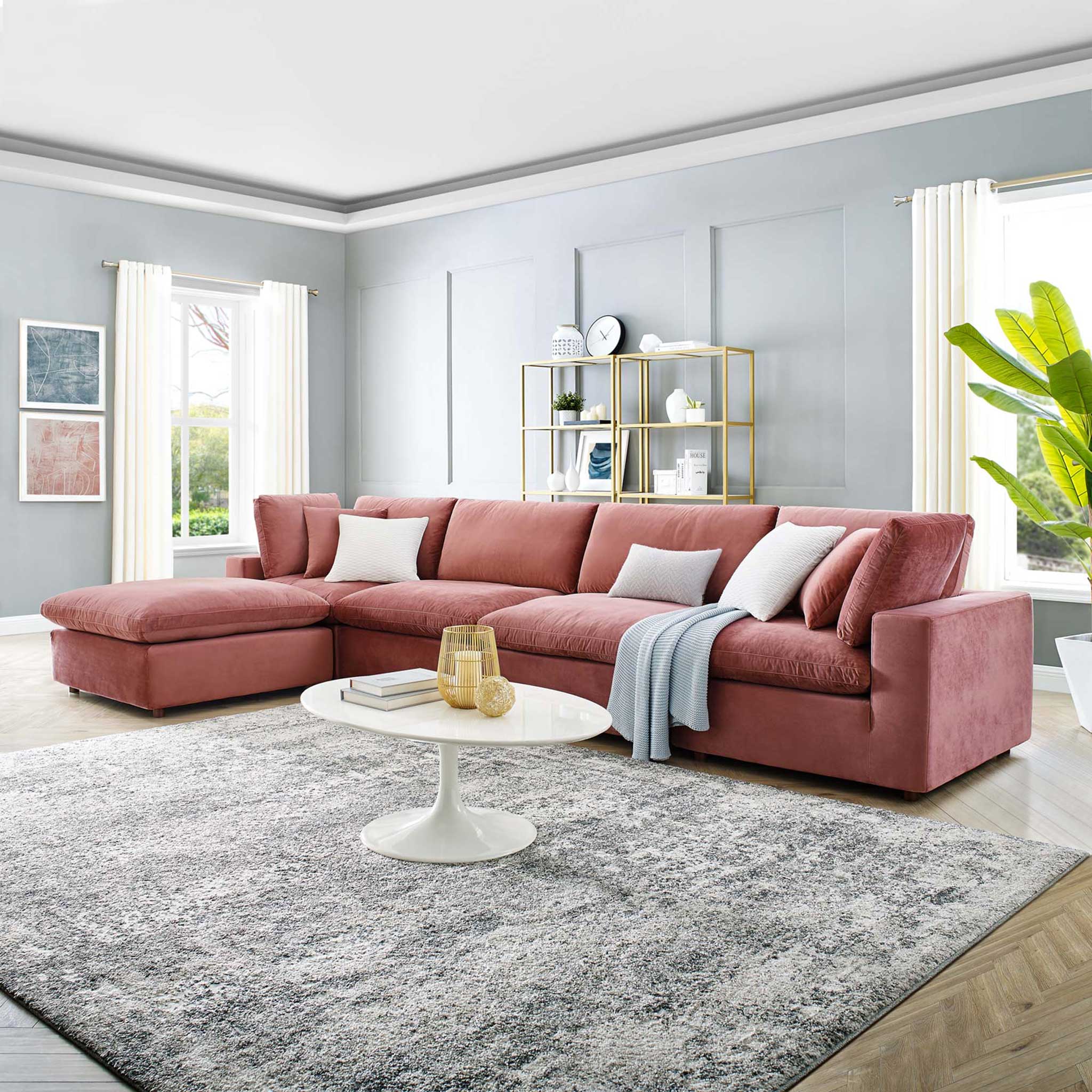 Carmen 5 Piece Modular Velvet Sofa with Ottoman Dusty Rose - Image 9