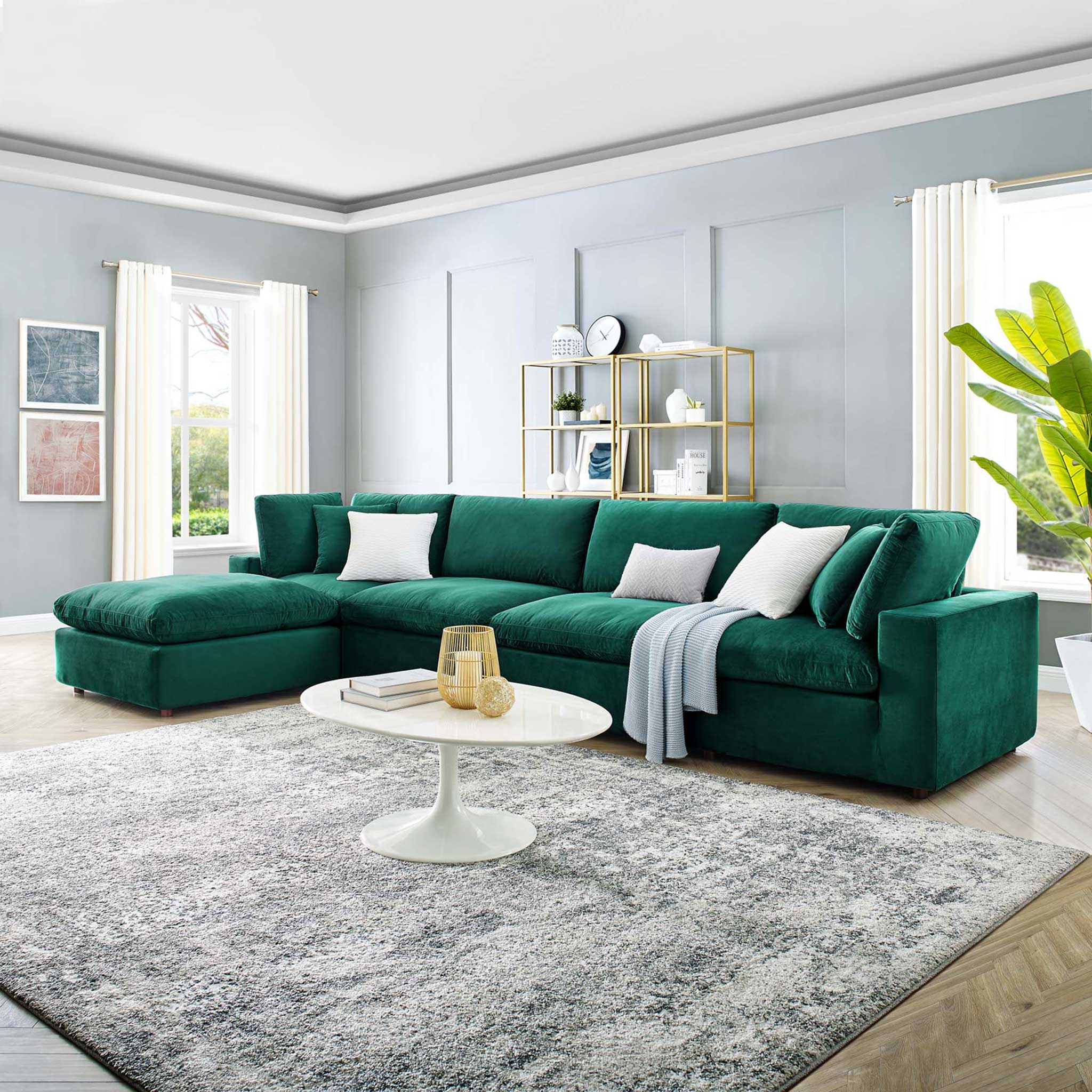 Carmen 5 Piece Modular Velvet Sofa with Ottoman Green - Image 9