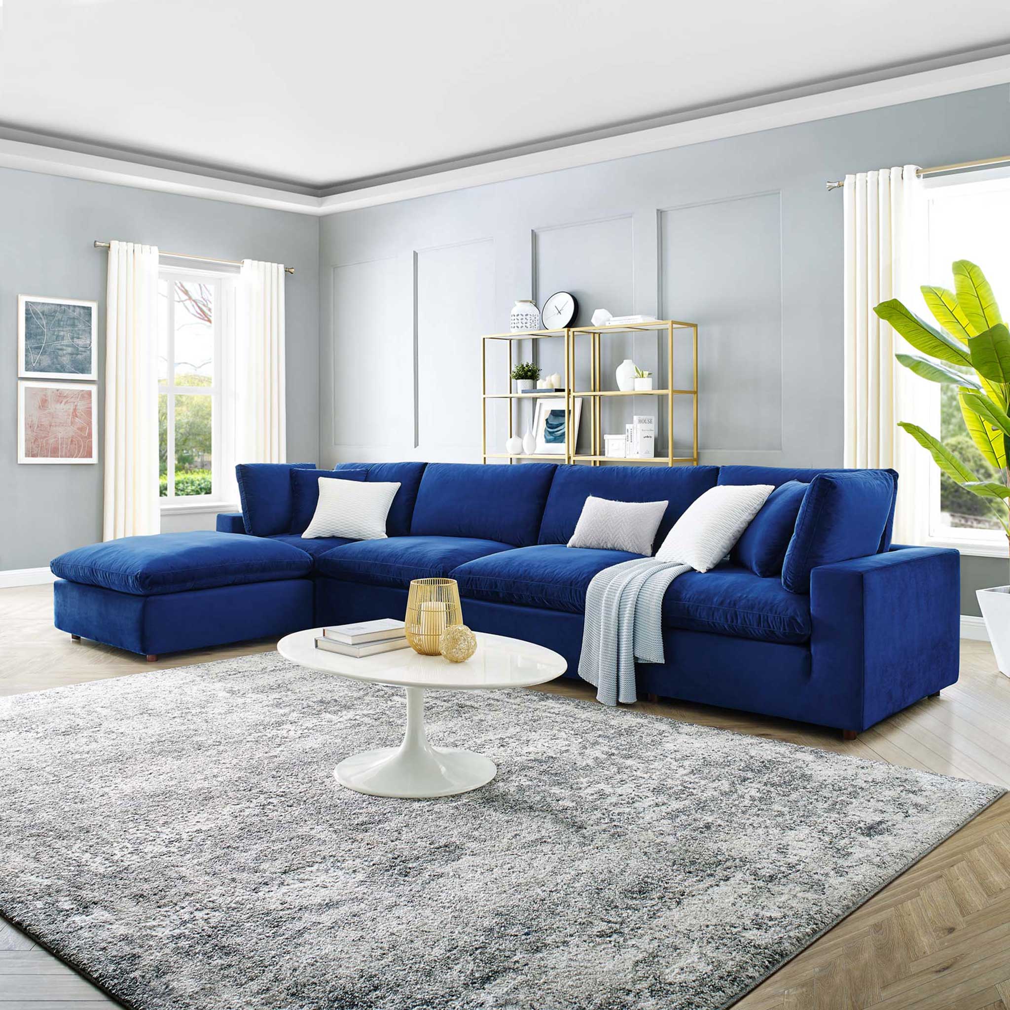 Carmen 5 Piece Modular Velvet Sofa with Ottoman Navy - Image 9