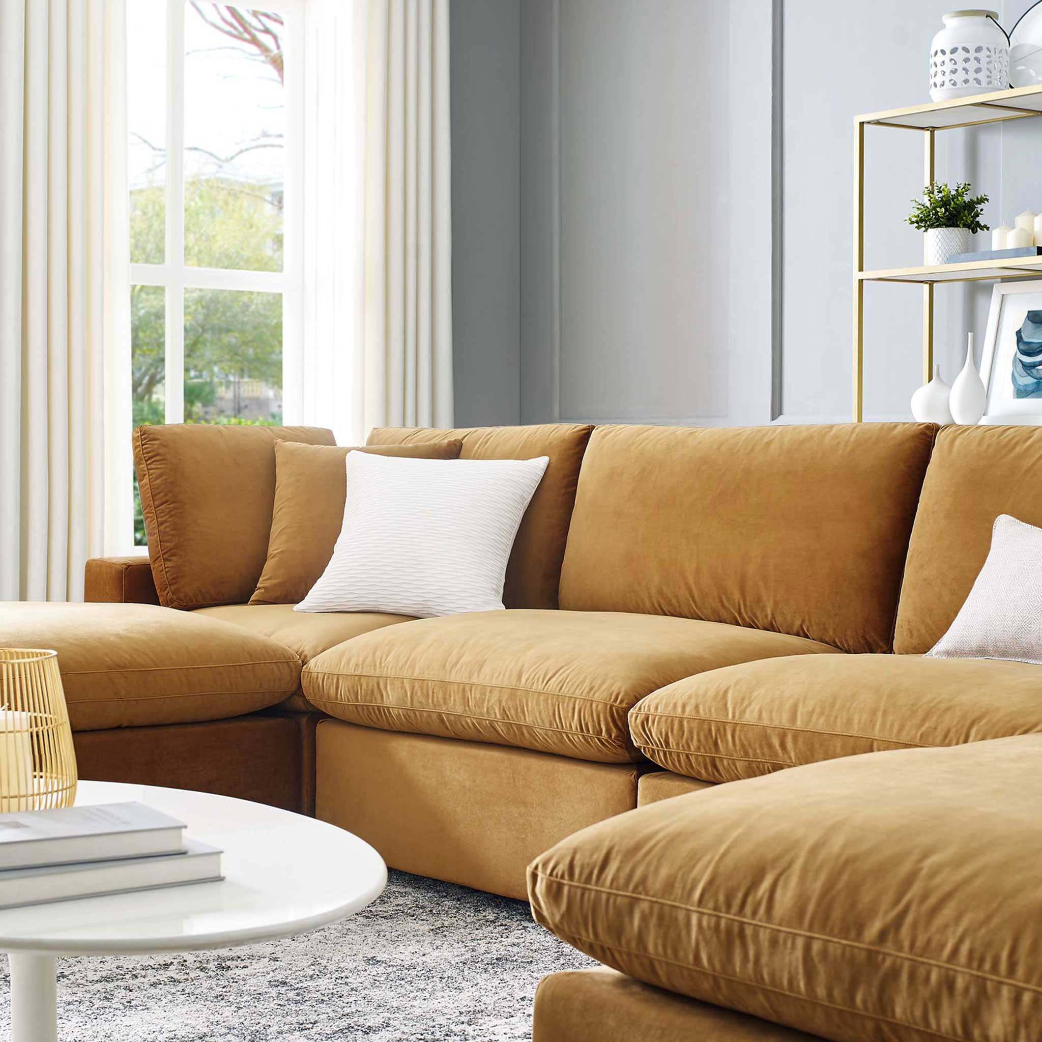Carmen 6 Piece Modular Velvet Sofa with Ottomans Cognac - Image 10