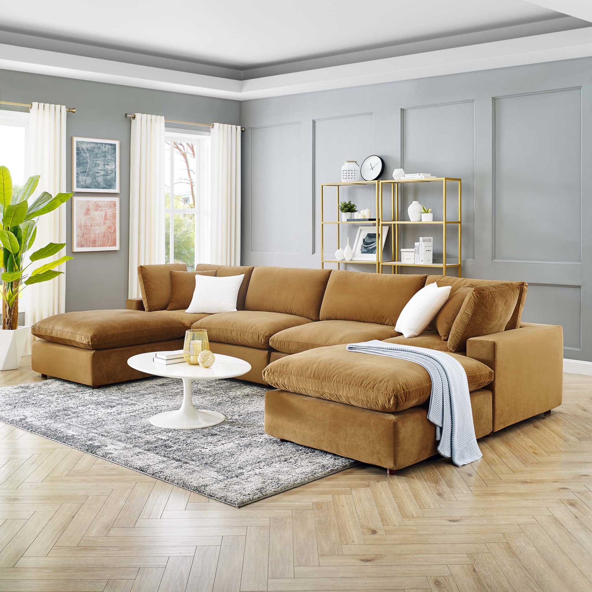 Carmen 6 Piece Modular Velvet Sofa with Ottomans Cognac - Image 9