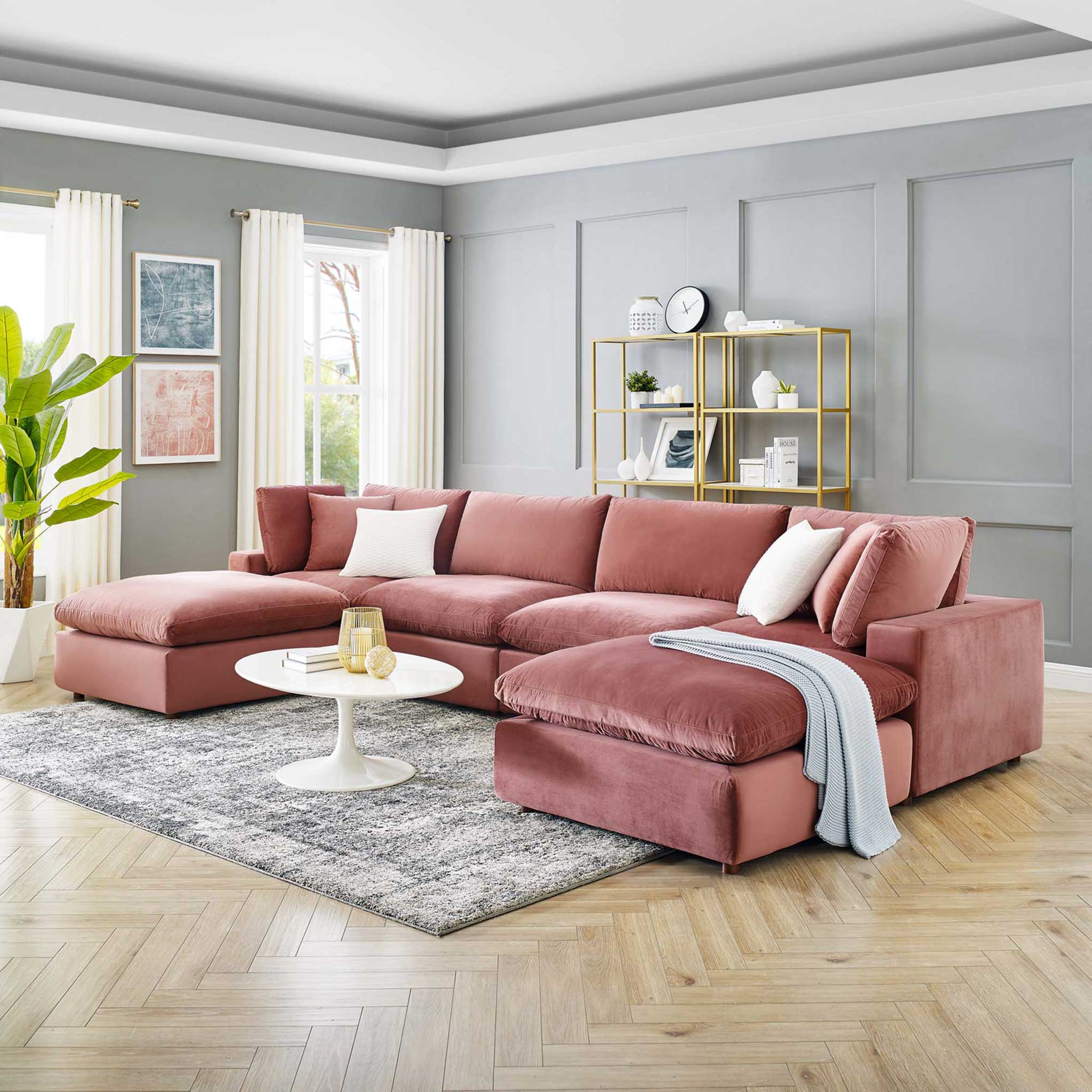 Carmen 6 Piece Modular Velvet Sofa with Ottomans Dusty Rose - Image 10