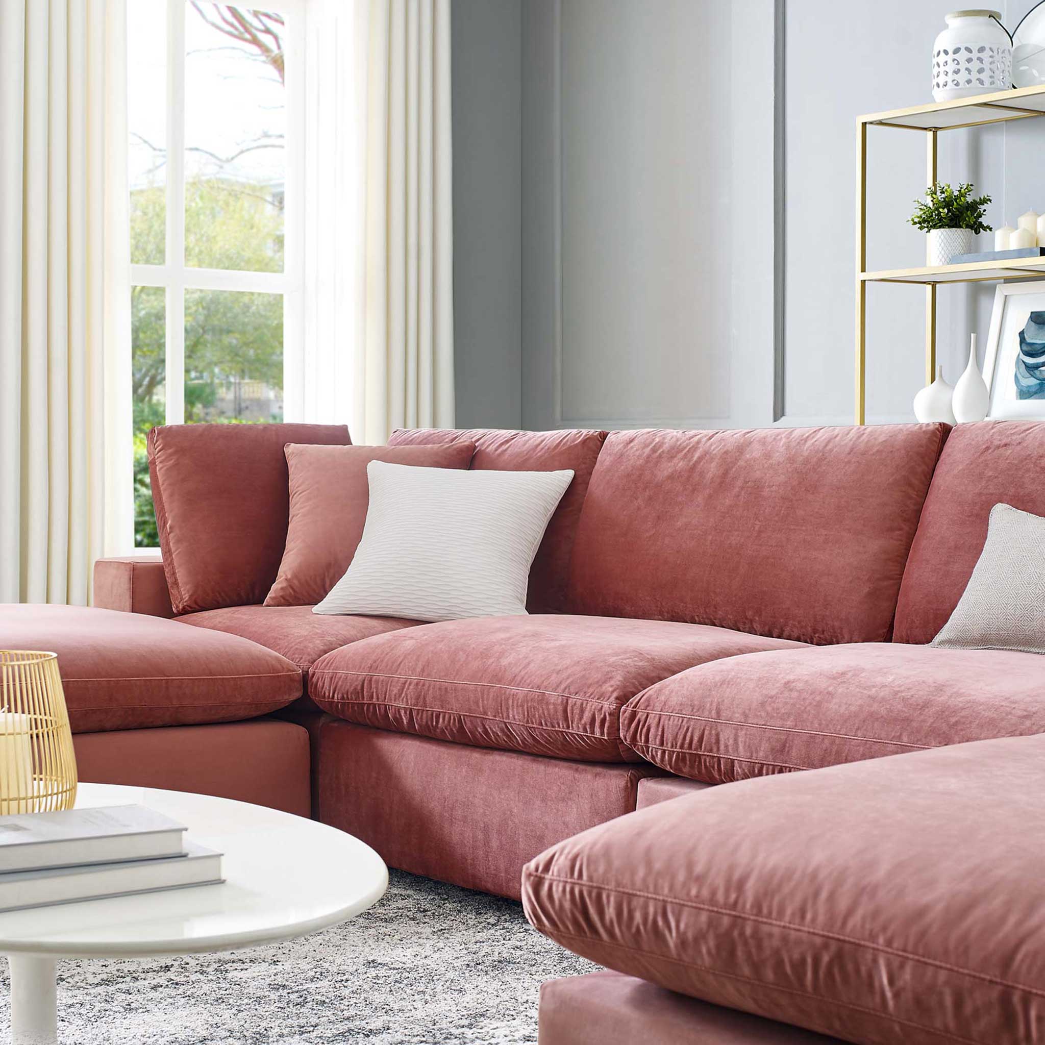 Carmen 6 Piece Modular Velvet Sofa with Ottomans Dusty Rose - Image 9