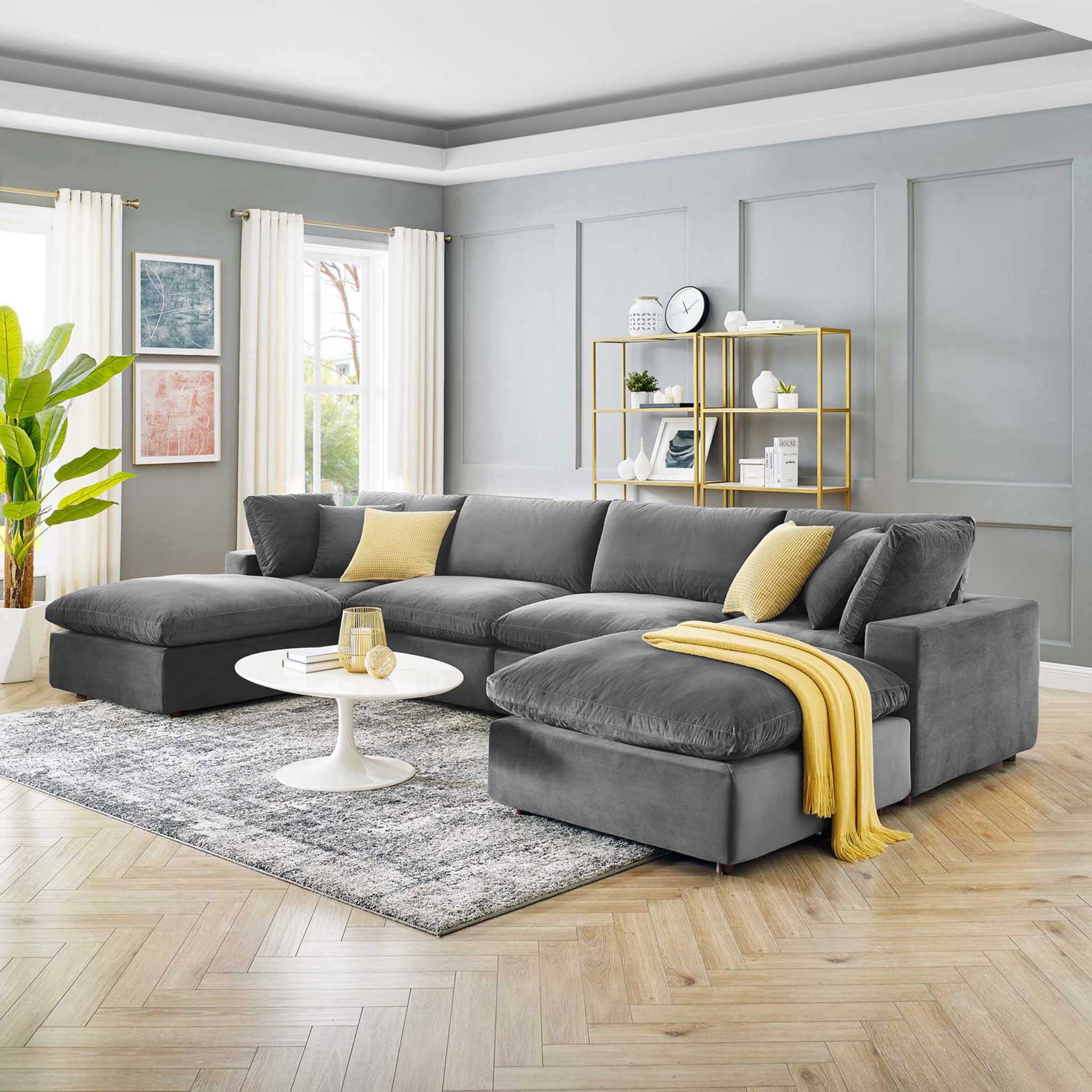 Carmen 6 Piece Modular Velvet Sofa with Ottomans Gray - Image 9