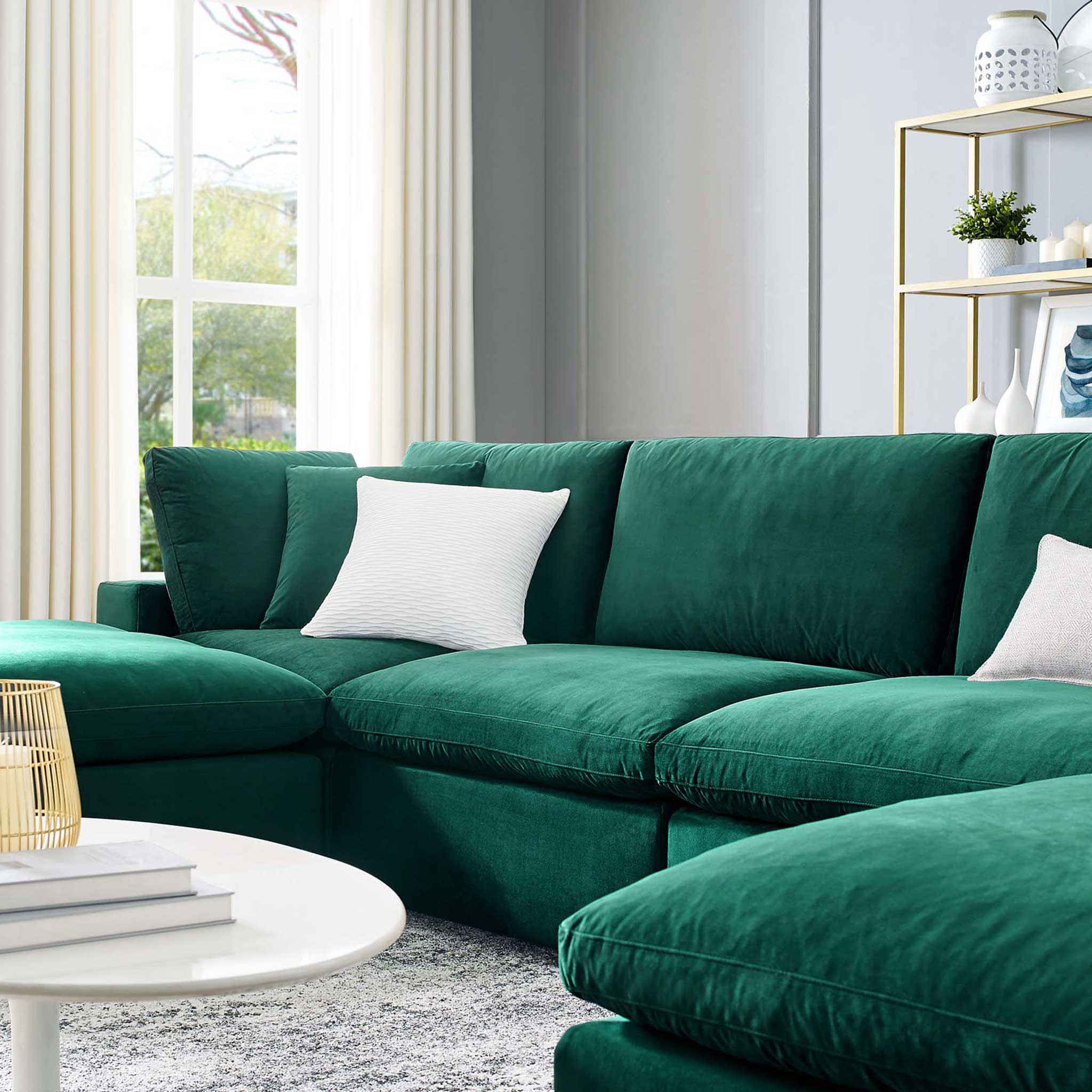 Carmen 6 Piece Modular Velvet Sofa with Ottomans Green - Image 10