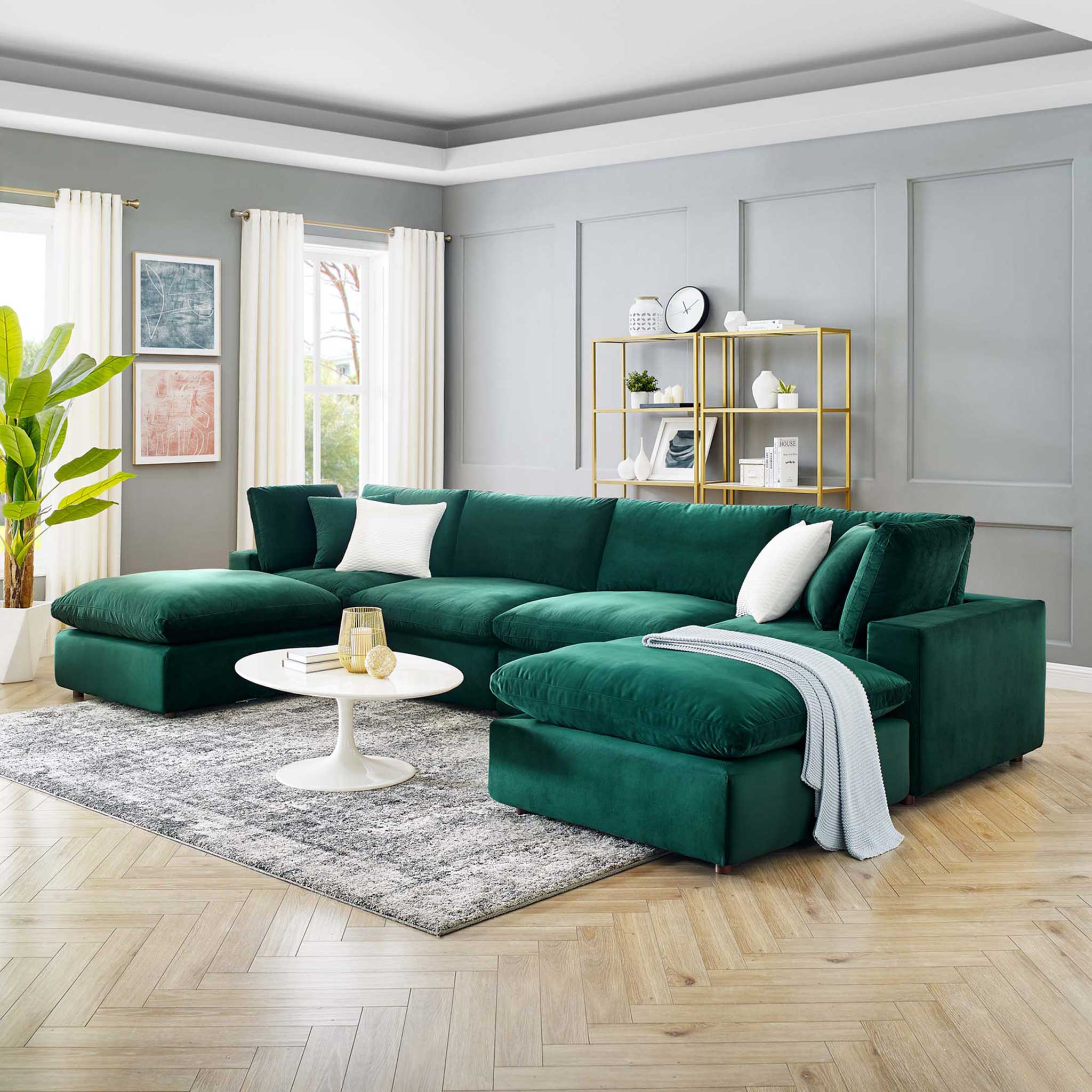 Carmen 6 Piece Modular Velvet Sofa with Ottomans Green - Image 9