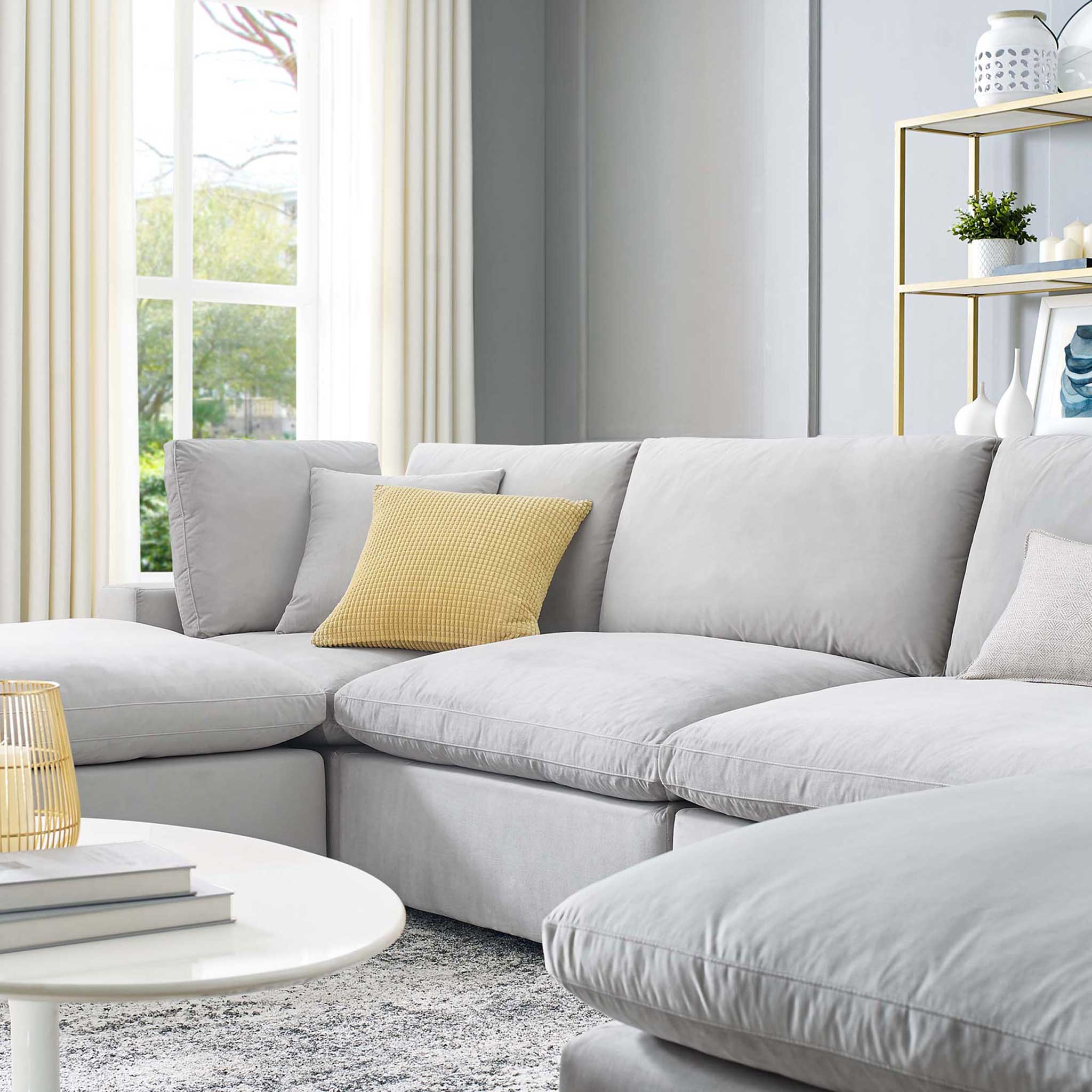 Carmen 6 Piece Modular Velvet Sofa with Ottomans Light Gray - Image 10