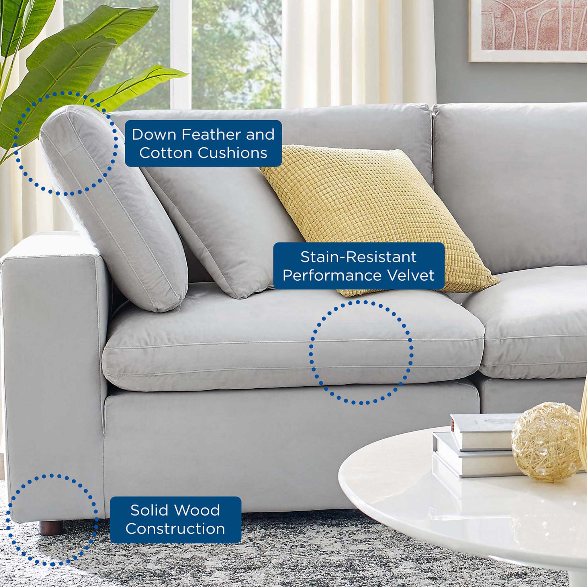Carmen 6 Piece Modular Velvet Sofa with Ottomans Light Gray - Image 7