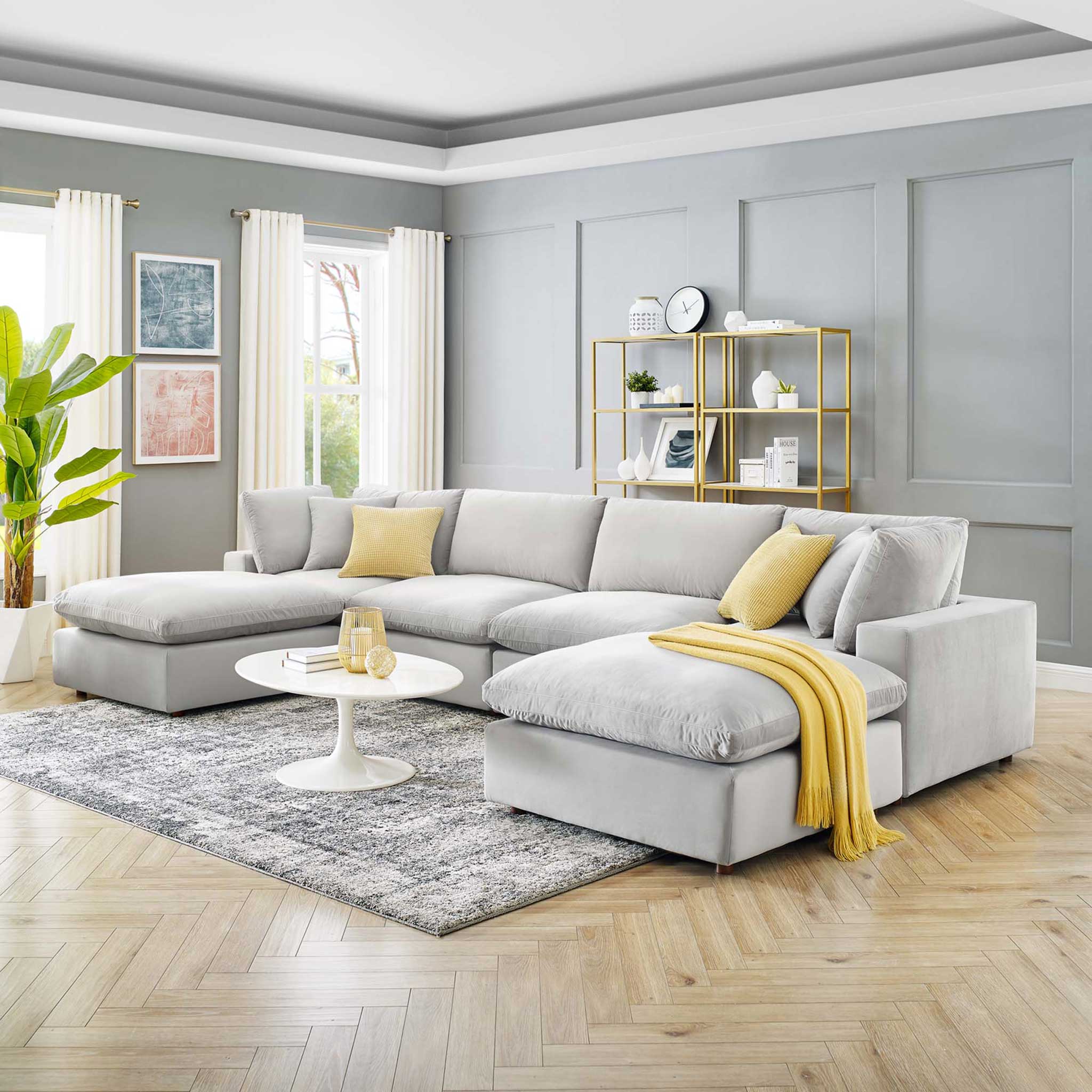 Carmen 6 Piece Modular Velvet Sofa with Ottomans Light Gray - Image 9