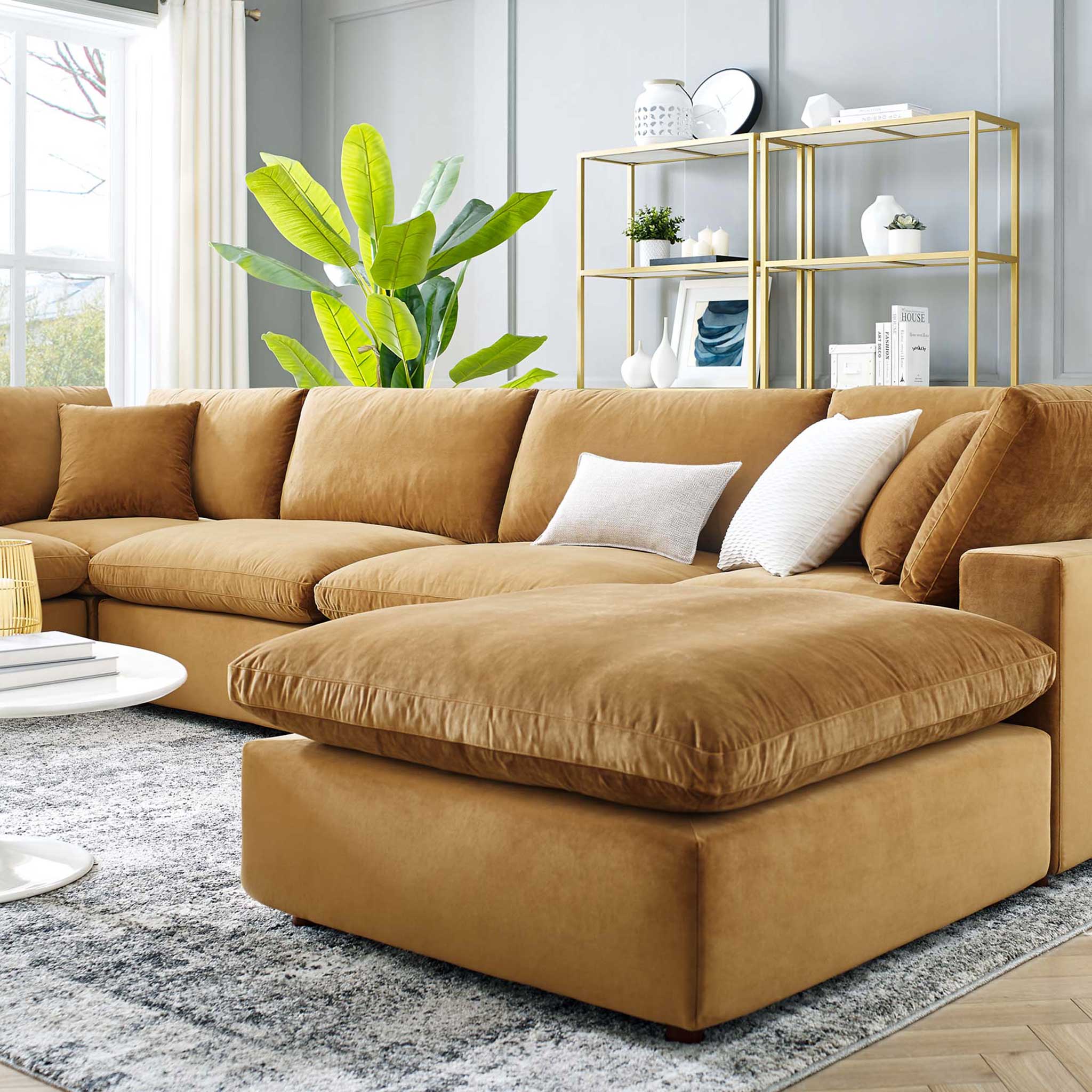 Carmen 7 Piece Modular Velvet Sofa with Ottoman Cognac - Image 10