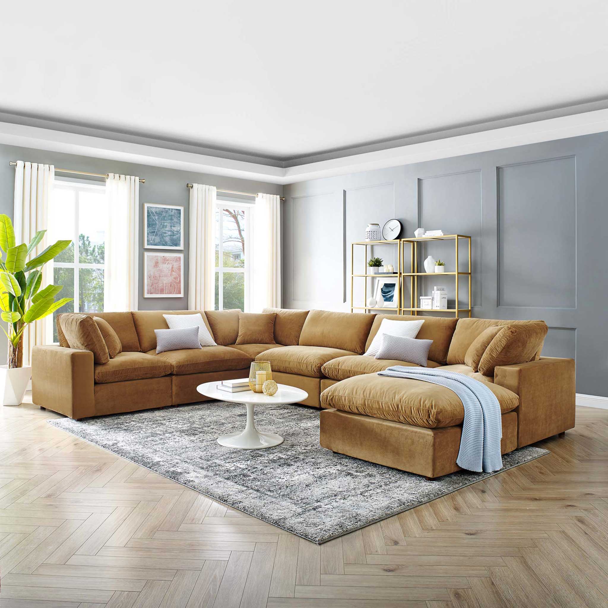Carmen 7 Piece Modular Velvet Sofa with Ottoman Cognac - Image 9