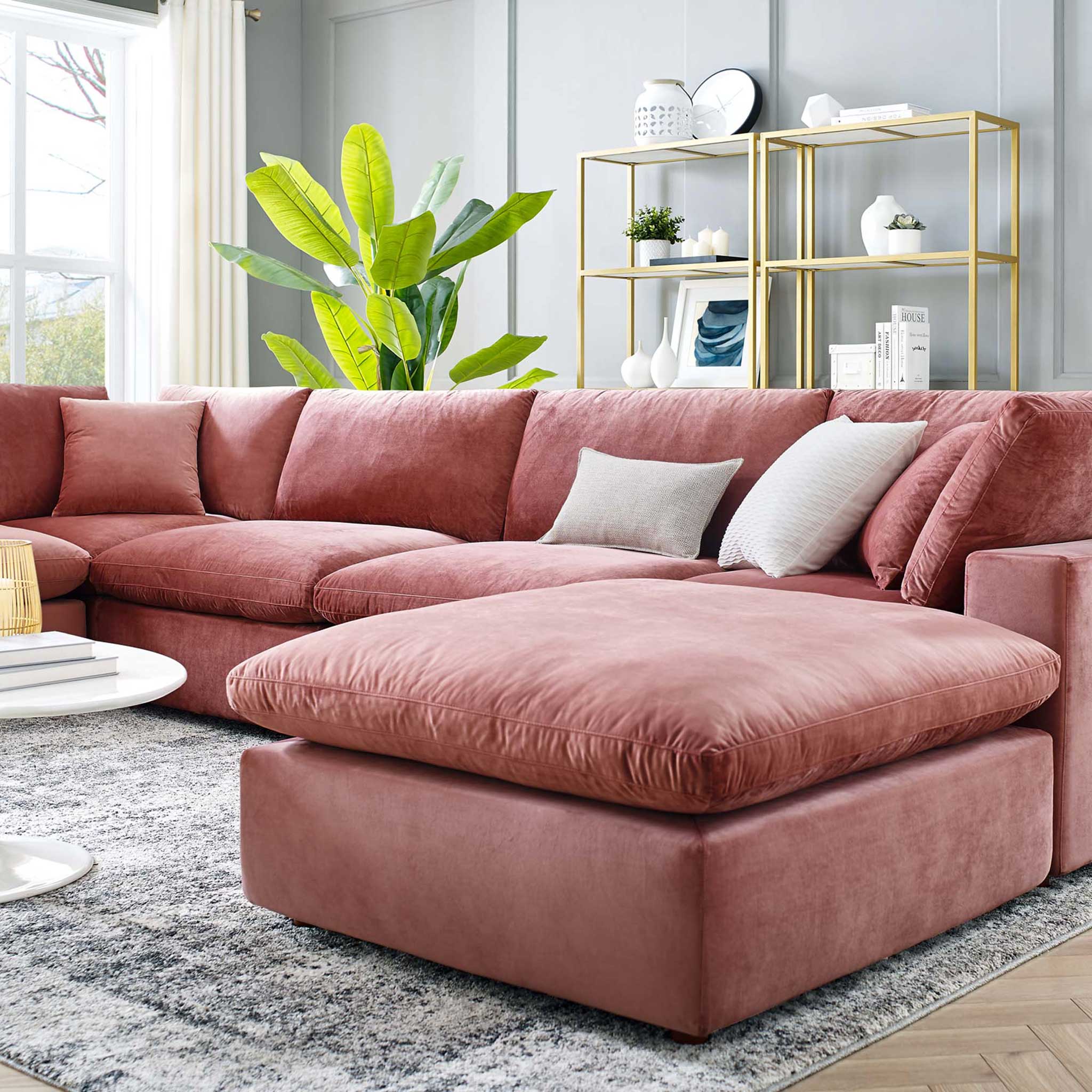 Carmen 7 Piece Modular Velvet Sofa with Ottoman Dusty Rose - Image 10