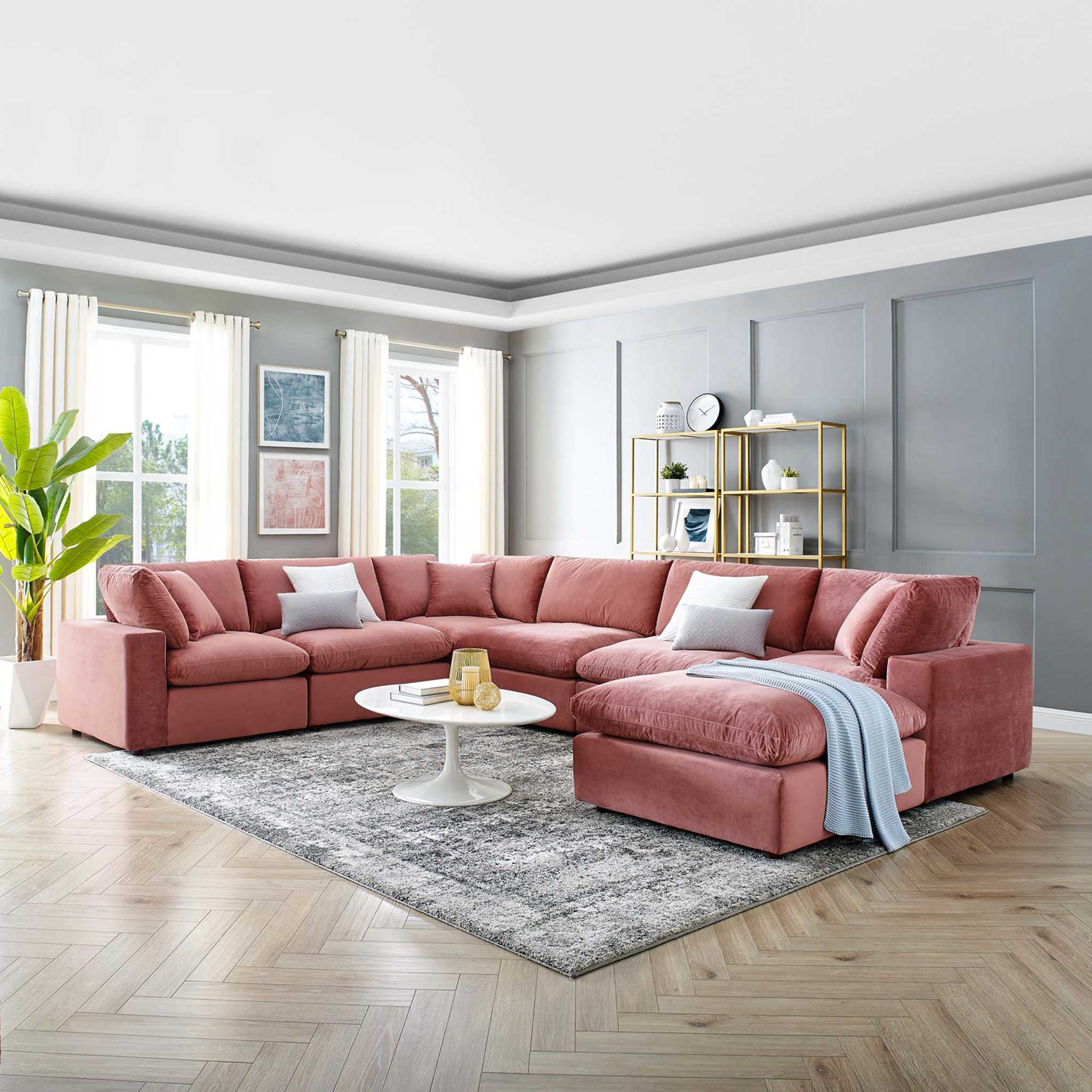 Carmen 7 Piece Modular Velvet Sofa with Ottoman Dusty Rose - Image 9