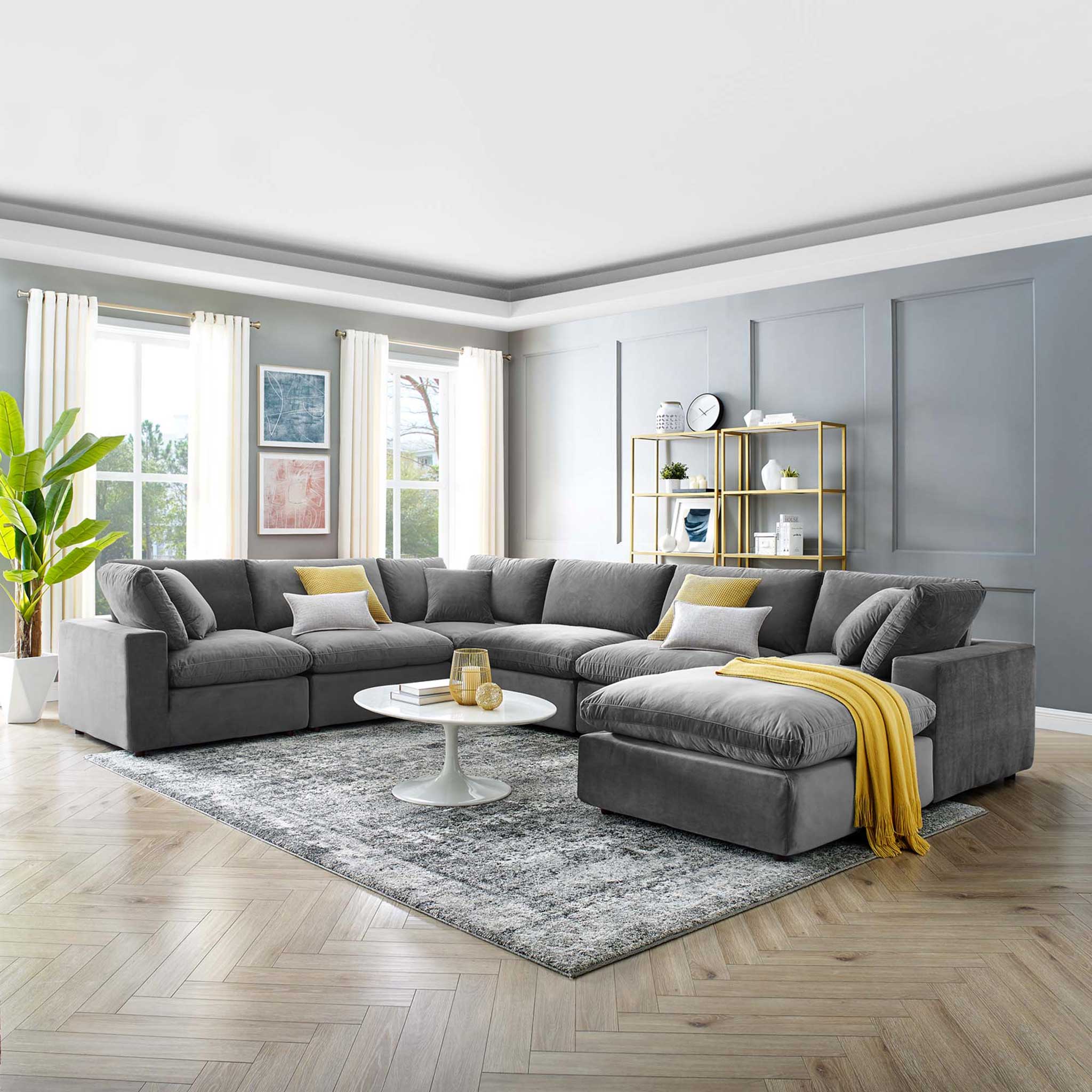 Carmen 7 Piece Modular Velvet Sofa with Ottoman Gray - Image 9