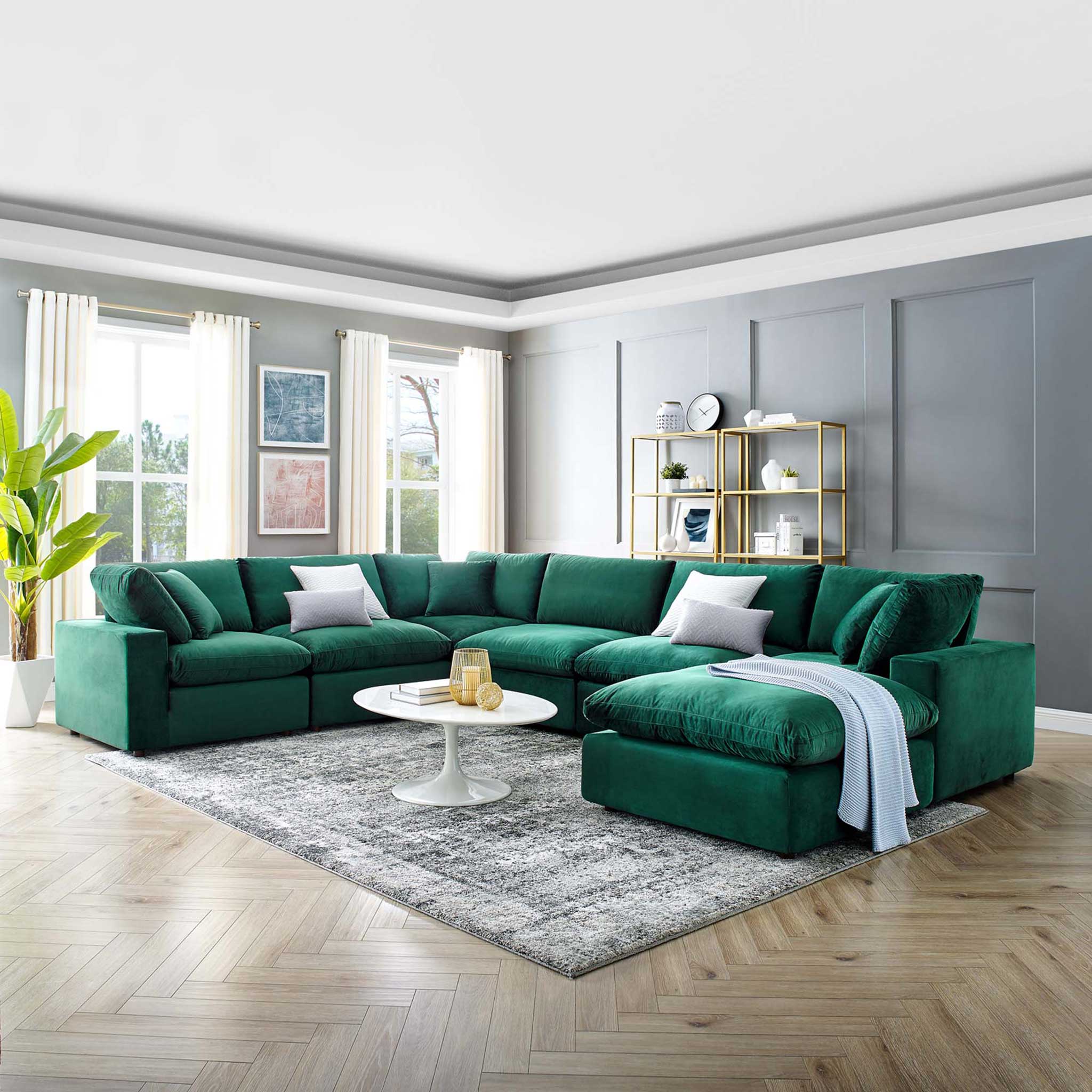 Carmen 7 Piece Modular Velvet Sofa with Ottoman Green - Image 9