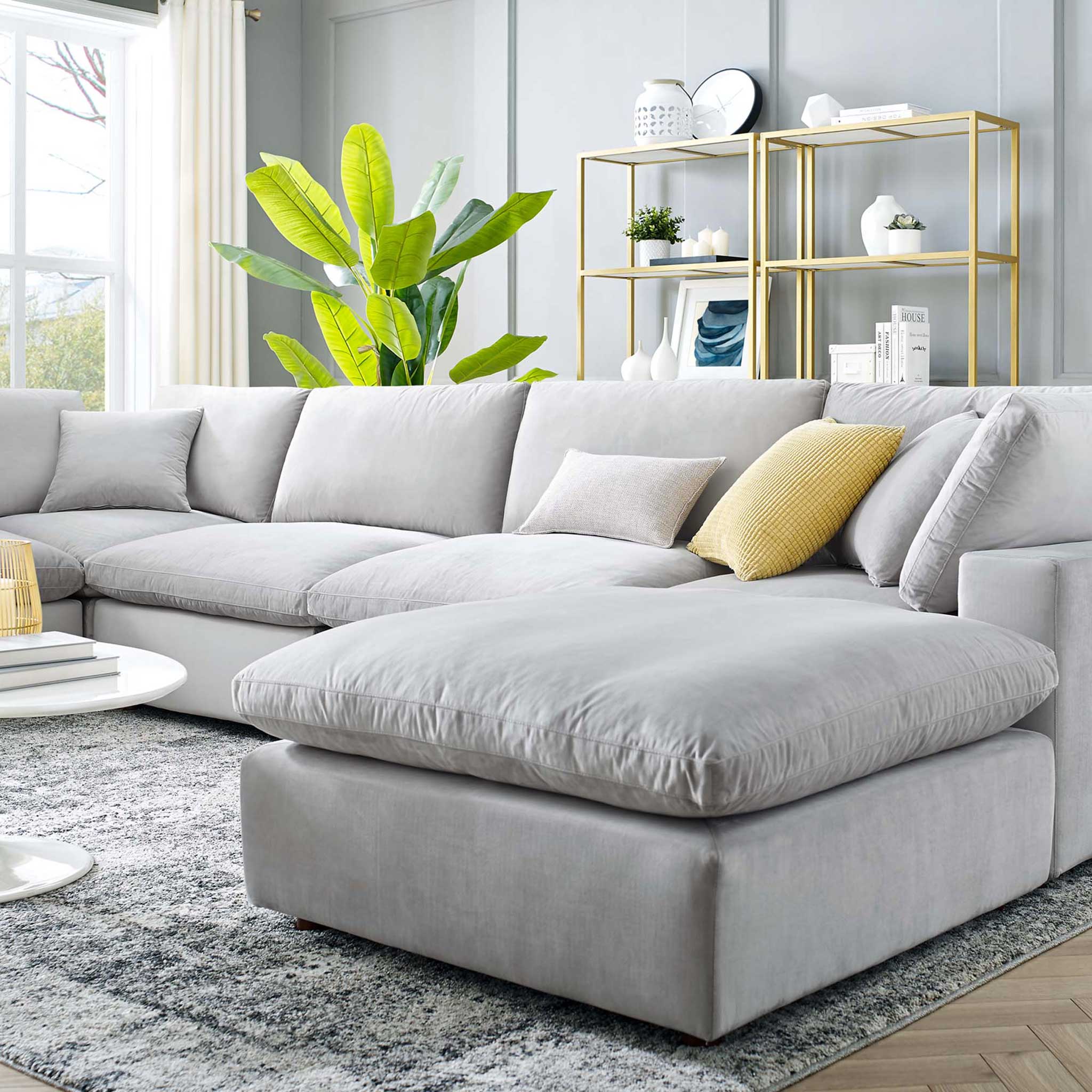 Carmen 7 Piece Modular Velvet Sofa with Ottoman Light Gray - Image 10