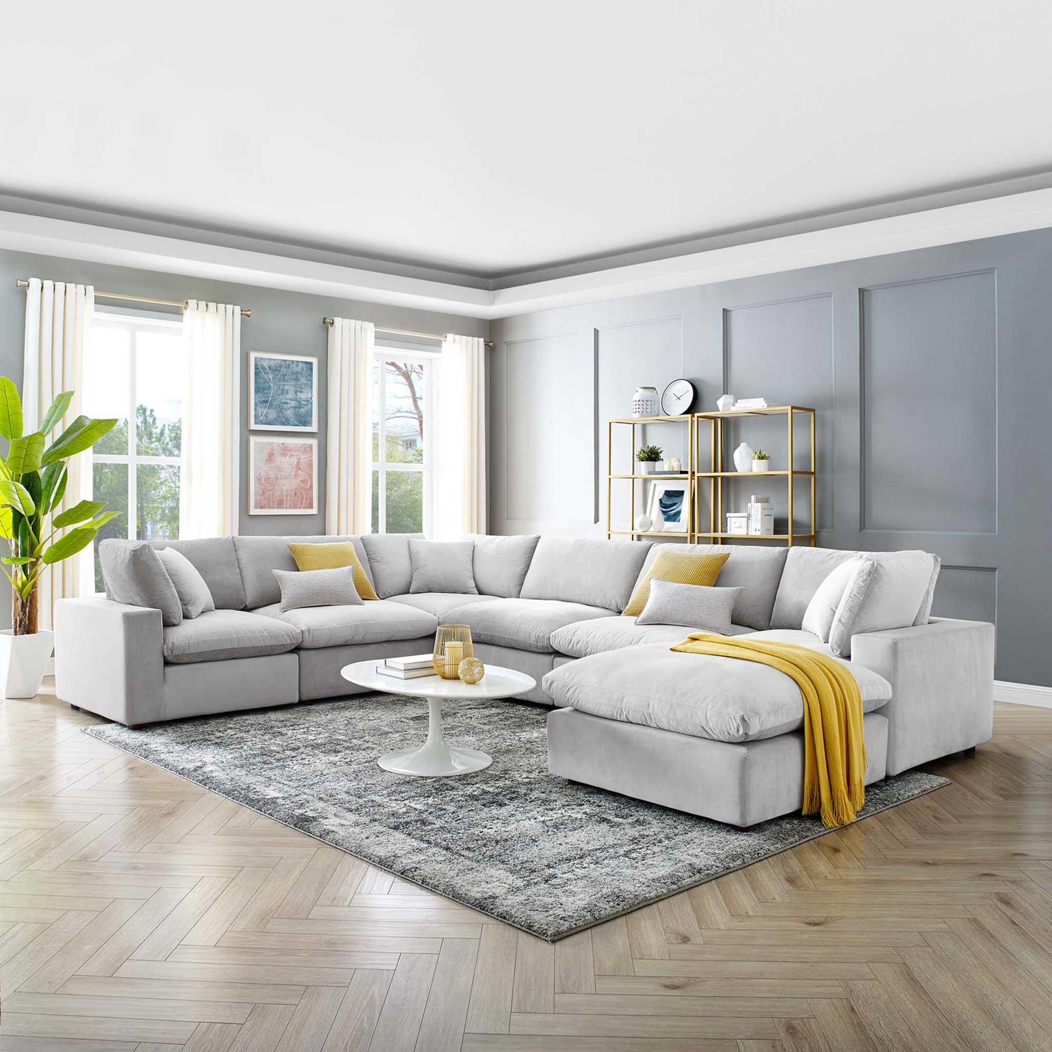 Carmen 7 Piece Modular Velvet Sofa with Ottoman Light Gray - Image 9