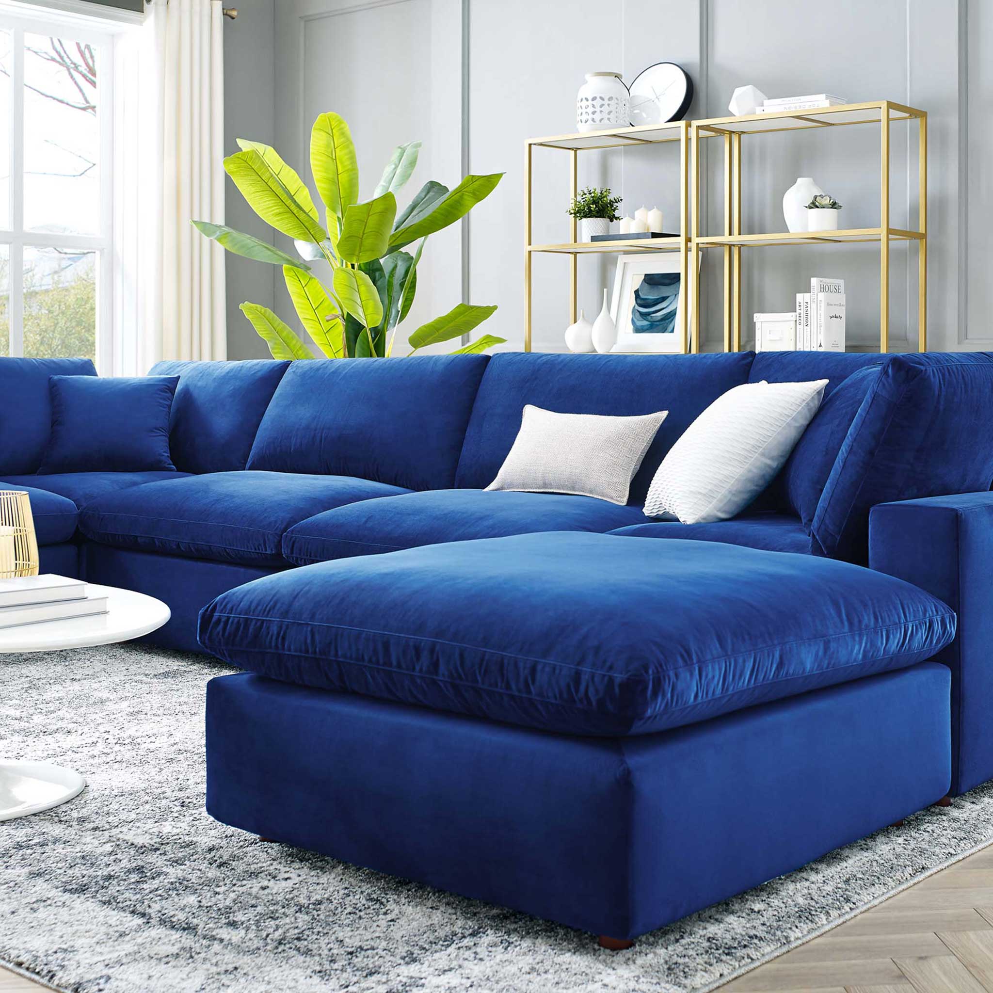 Carmen 7 Piece Modular Velvet Sofa with Ottoman Navy - Image 10