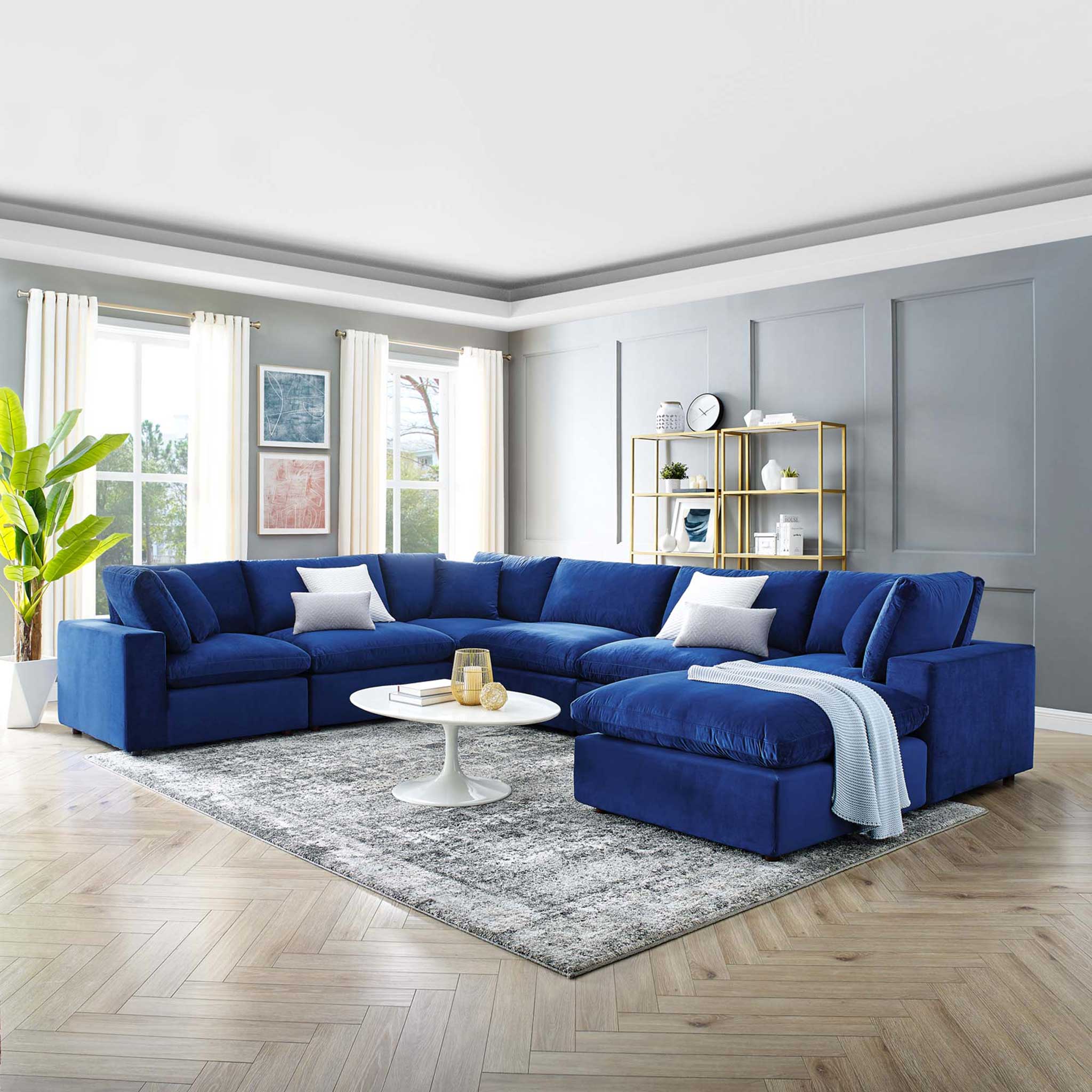 Carmen 7 Piece Modular Velvet Sofa with Ottoman Navy - Image 9