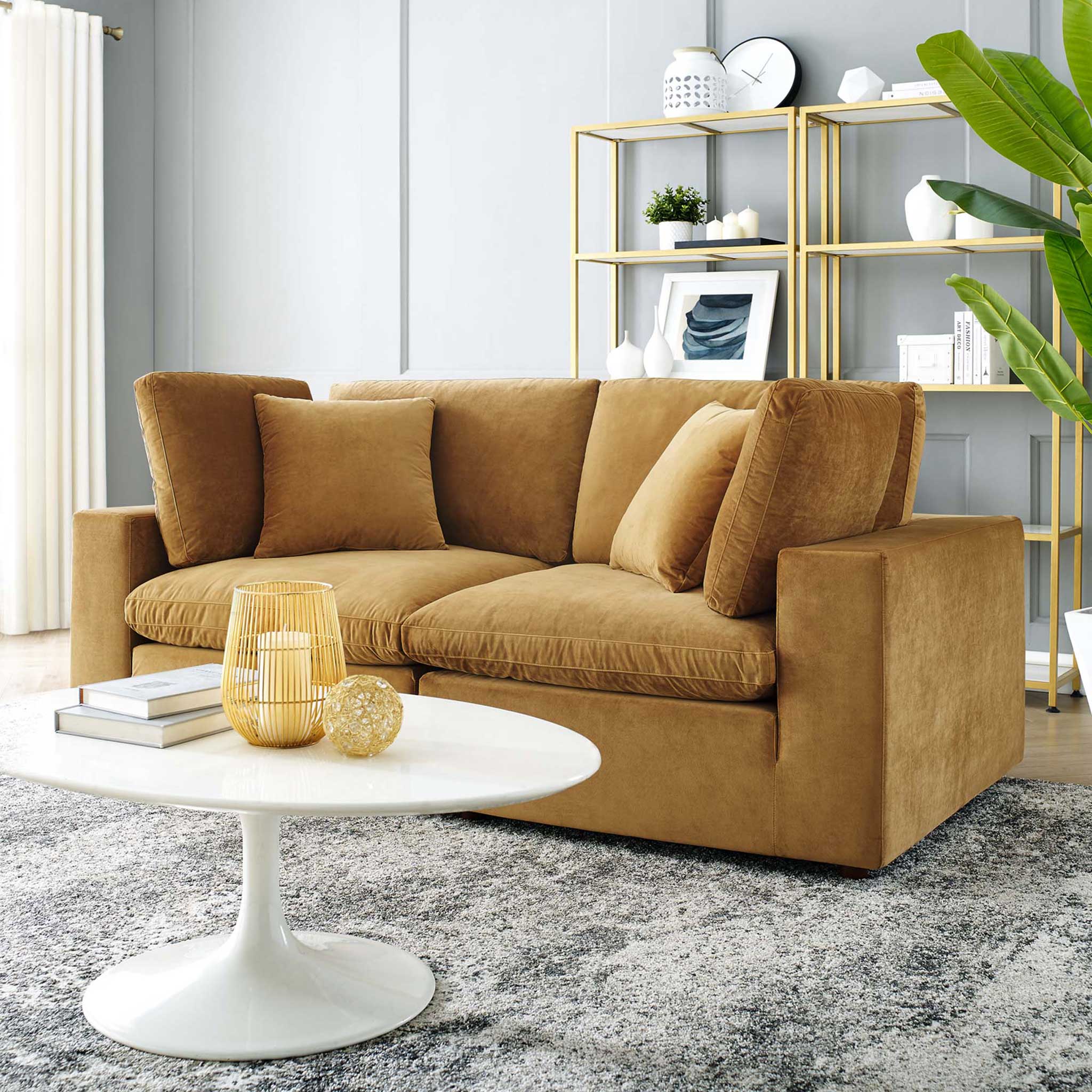 Carmen Down Filled Overstuffed Velvet Loveseat Cognac - Image 7