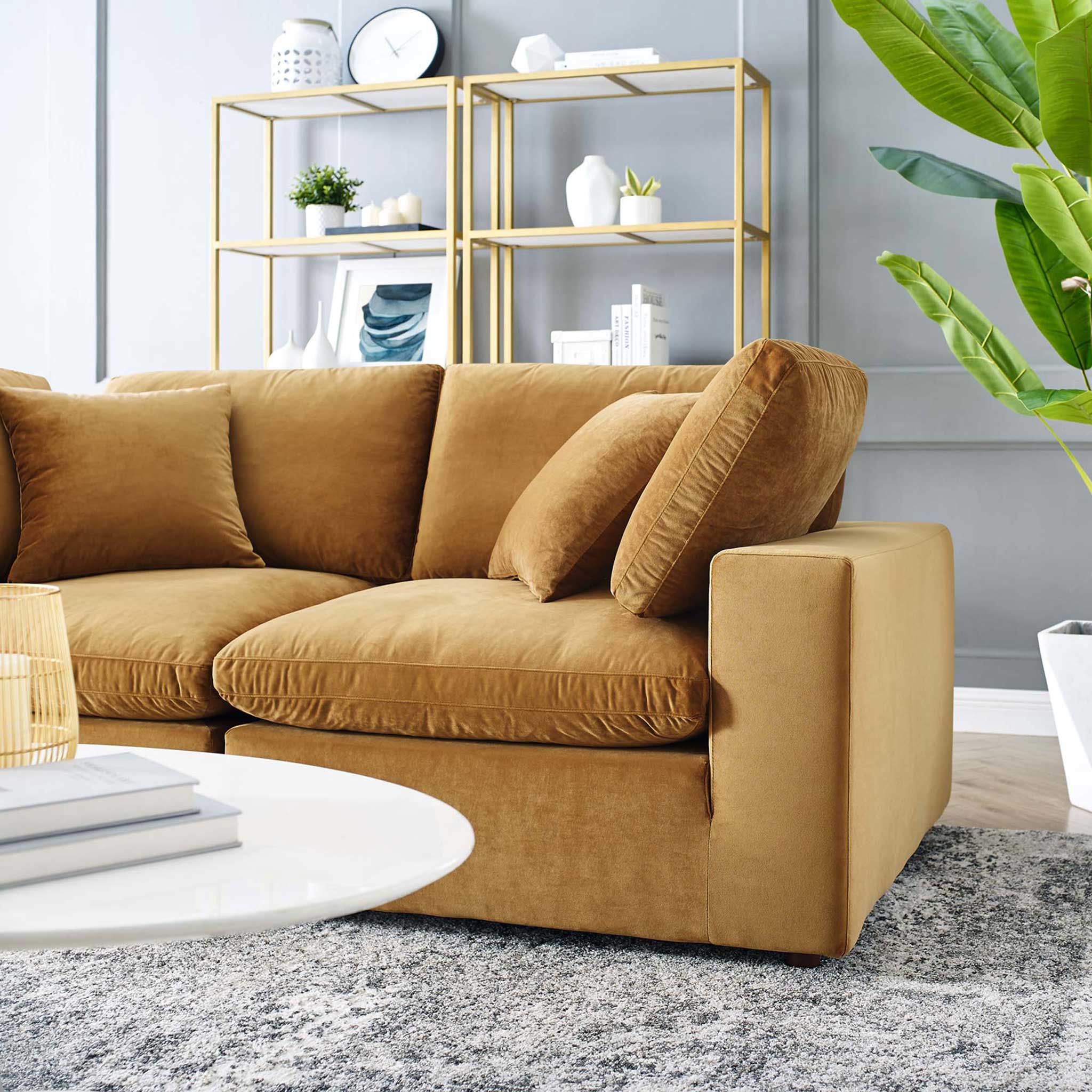 Carmen Down Filled Overstuffed Velvet Loveseat Cognac - Image 8