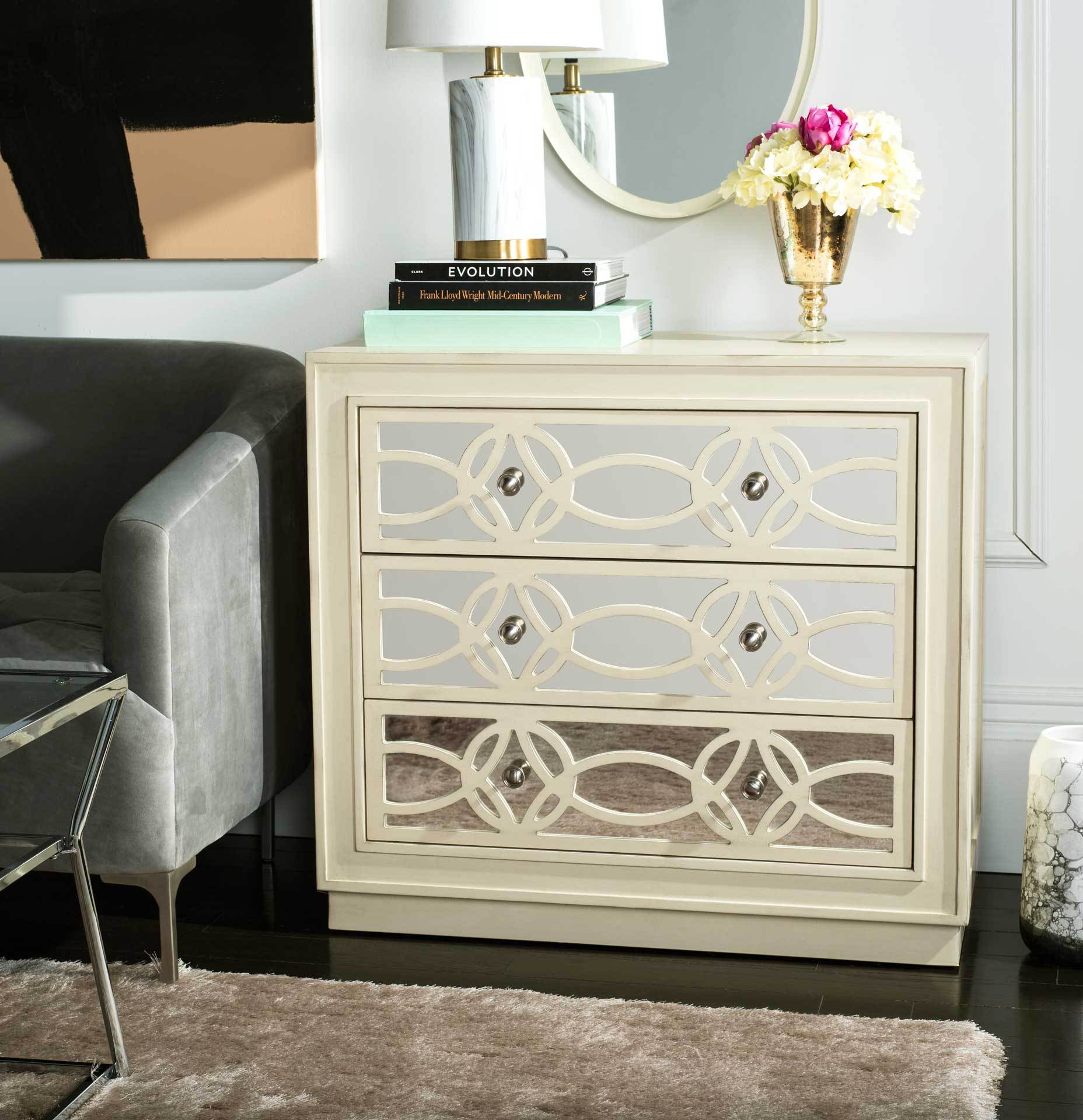 Cayden 3 Drawer Chest Antique Beige/Nickel/Mirror - Image 7