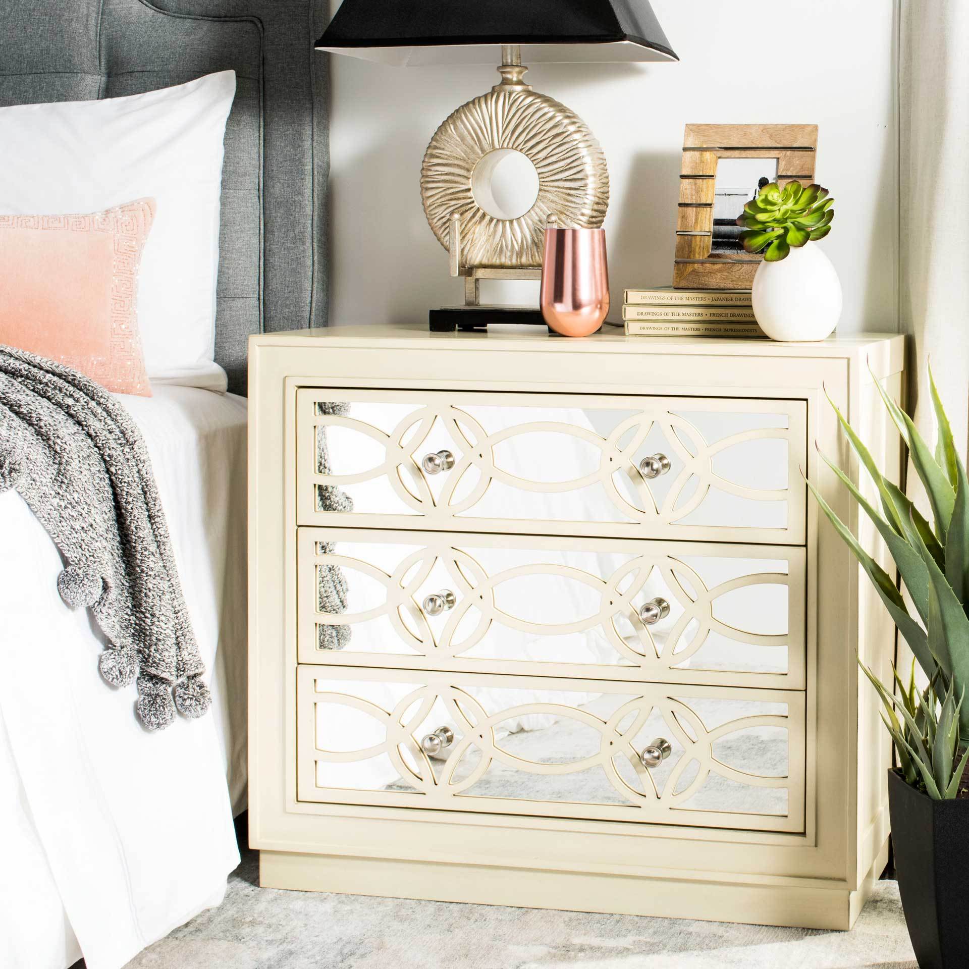 Cayden 3 Drawer Chest Antique Beige/Nickel/Mirror - Image 8
