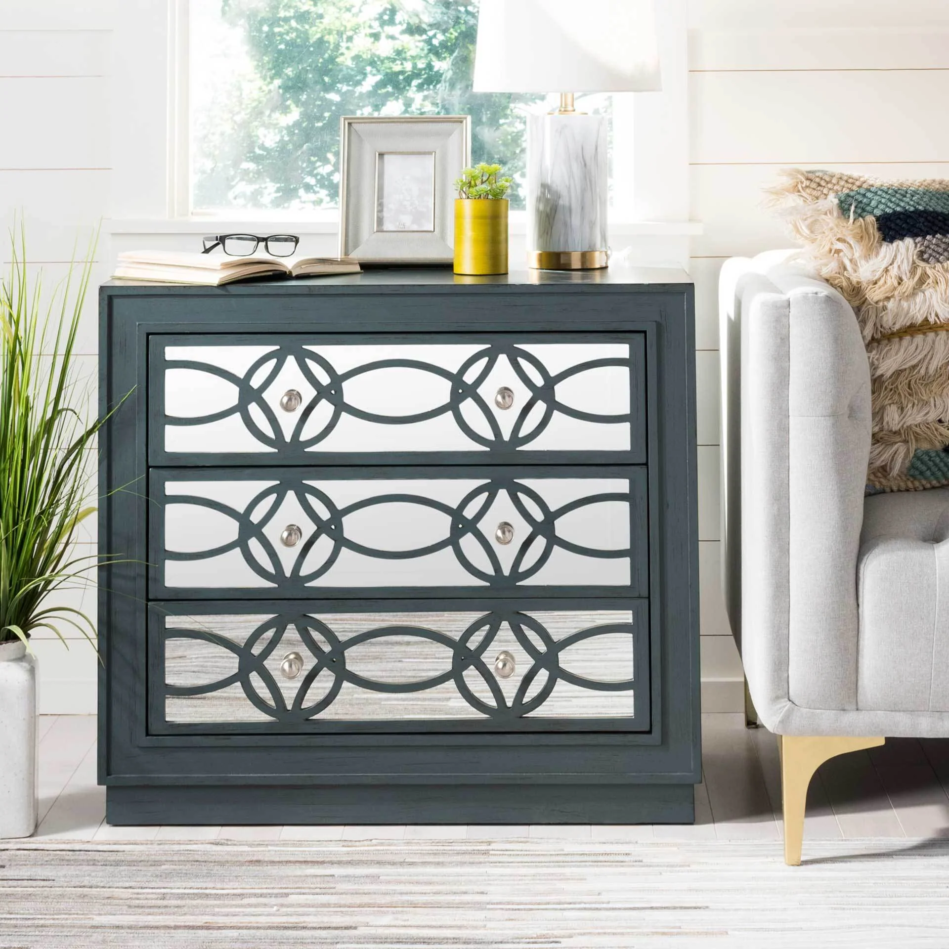 Cayden 3 Drawer Chest Steel Teal/Nickel/Mirror - Image 5