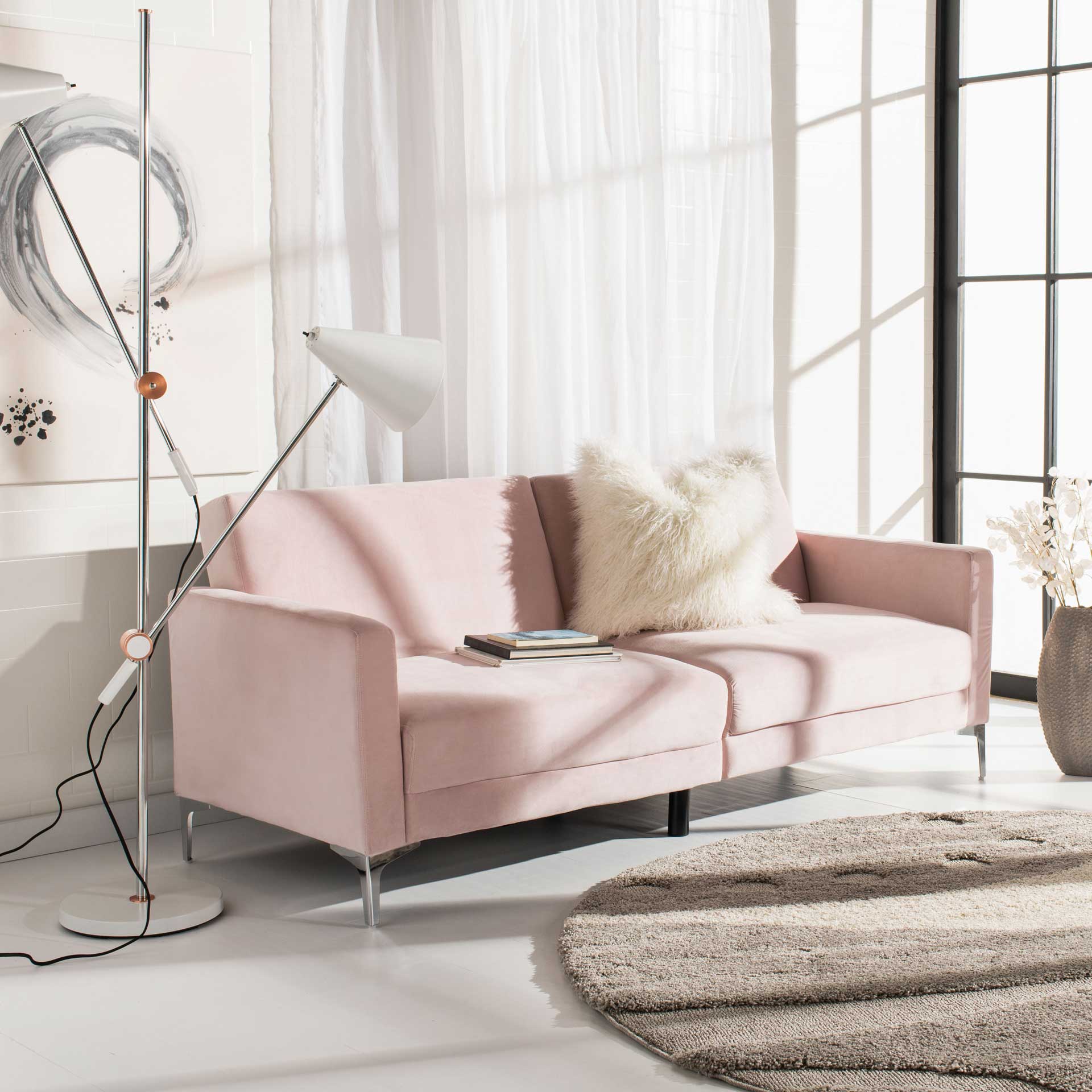 Charbel Foldable Futon Bed Pink Velvet - Image 8