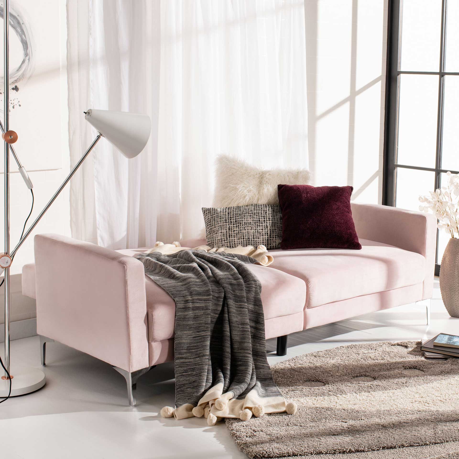 Charbel Foldable Futon Bed Pink Velvet - Image 9
