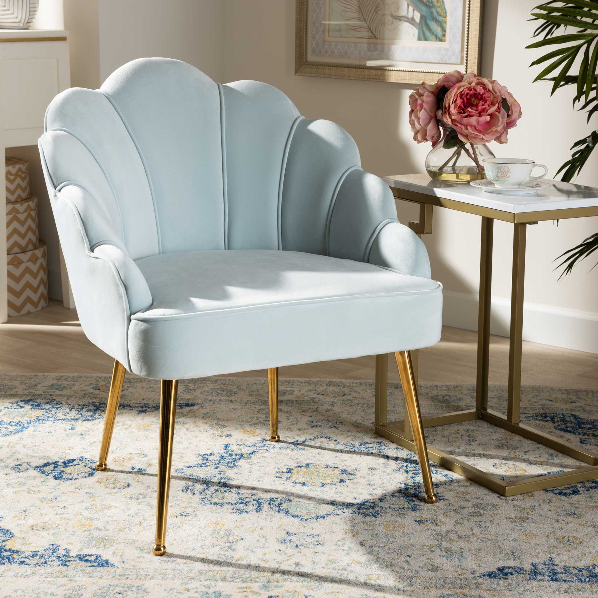 Ciarra Velvet Fabric Upholstered Chair Light Blue/Gold - Image 9