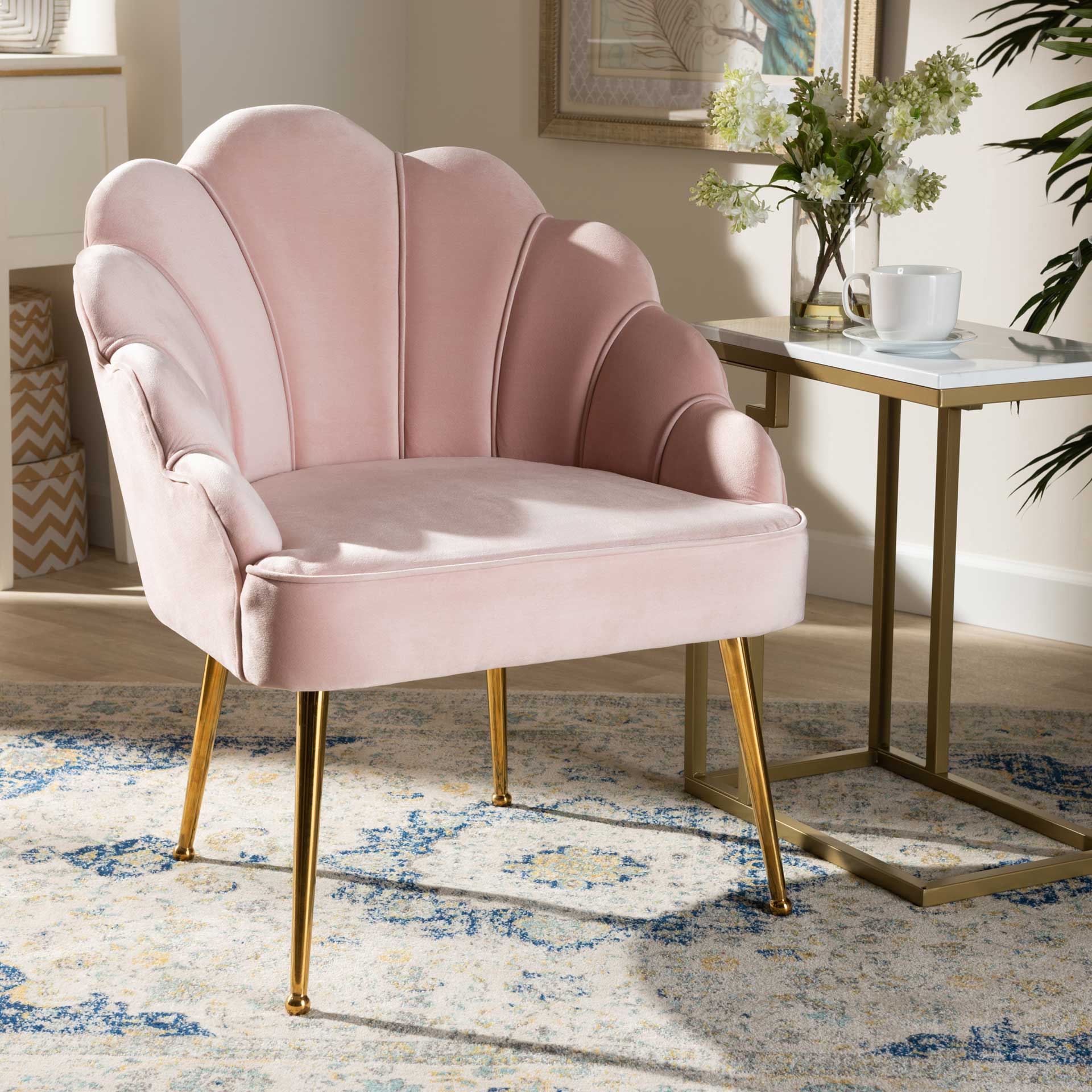 Ciarra Velvet Fabric Upholstered Chair Light Pink/Gold - Image 9