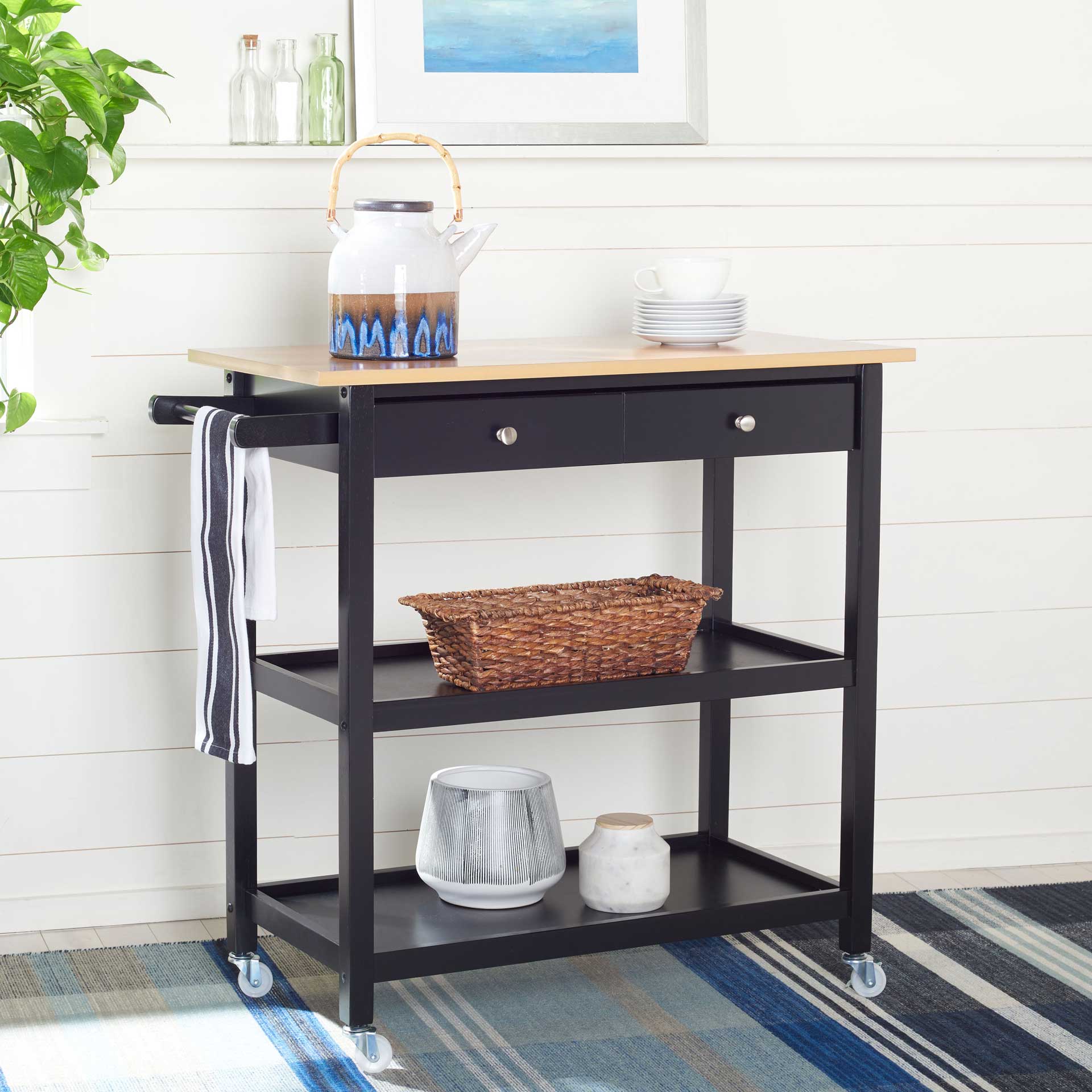 Coffe 2 Drawer 2 Shelf Kitchen Cart Natural/Matte Black - Image 4