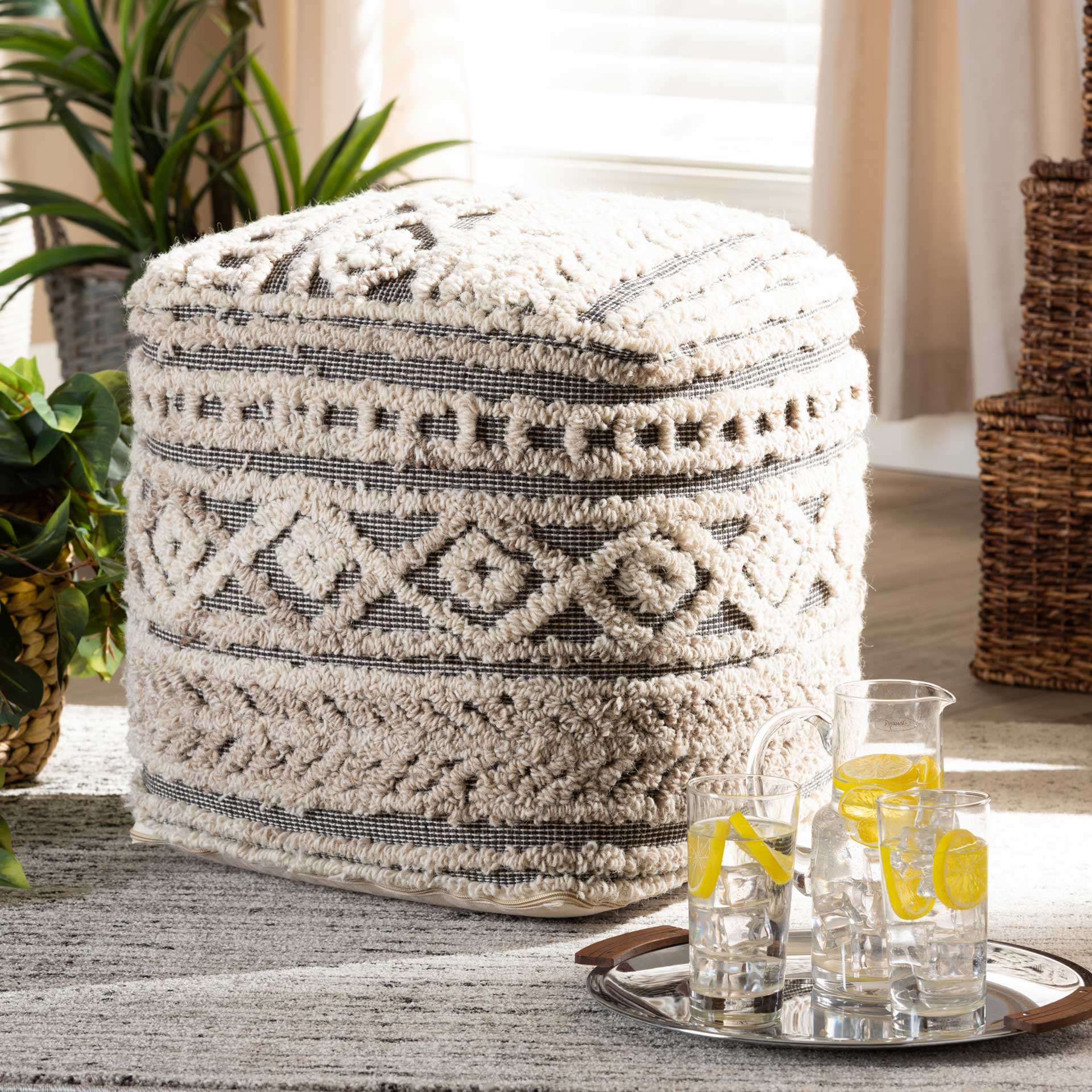 Creek Handwoven Hemp Pouf Beige/Brown - Image 6