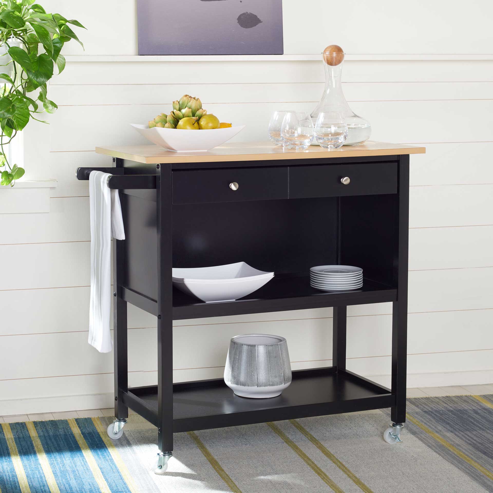Dalit 2 Drawer 2 Shelf Kitchen Cart Natural/Matte Black - Image 4
