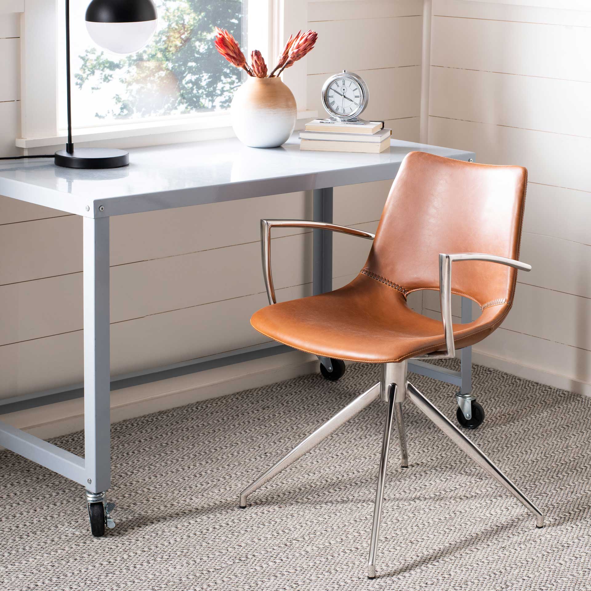 Dalton Leather Swivel Arm Chair Light Brown/Silver - Image 6