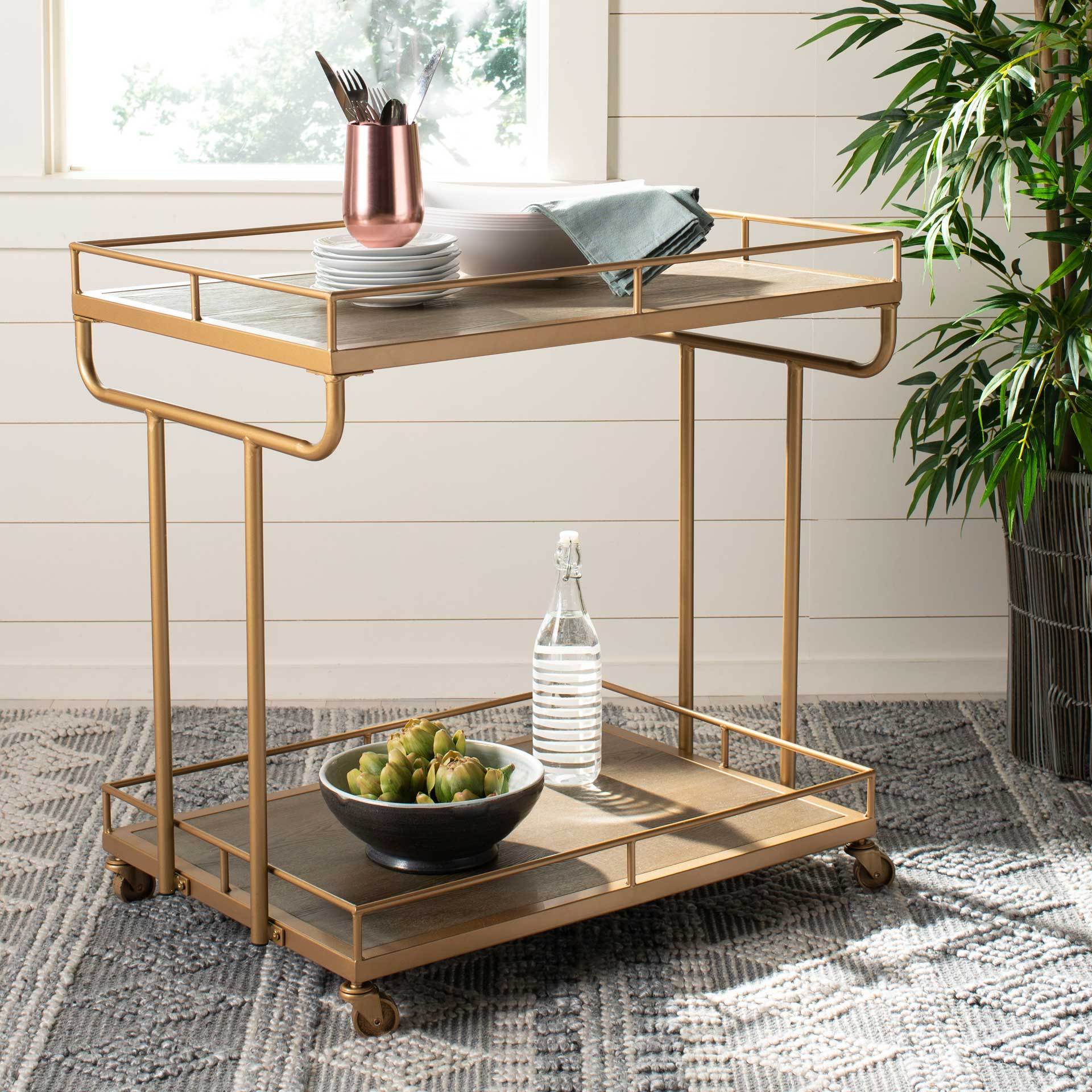 Damari 2 Tier Rectangle Bar Cart Rustic Oak/Gold - Image 7