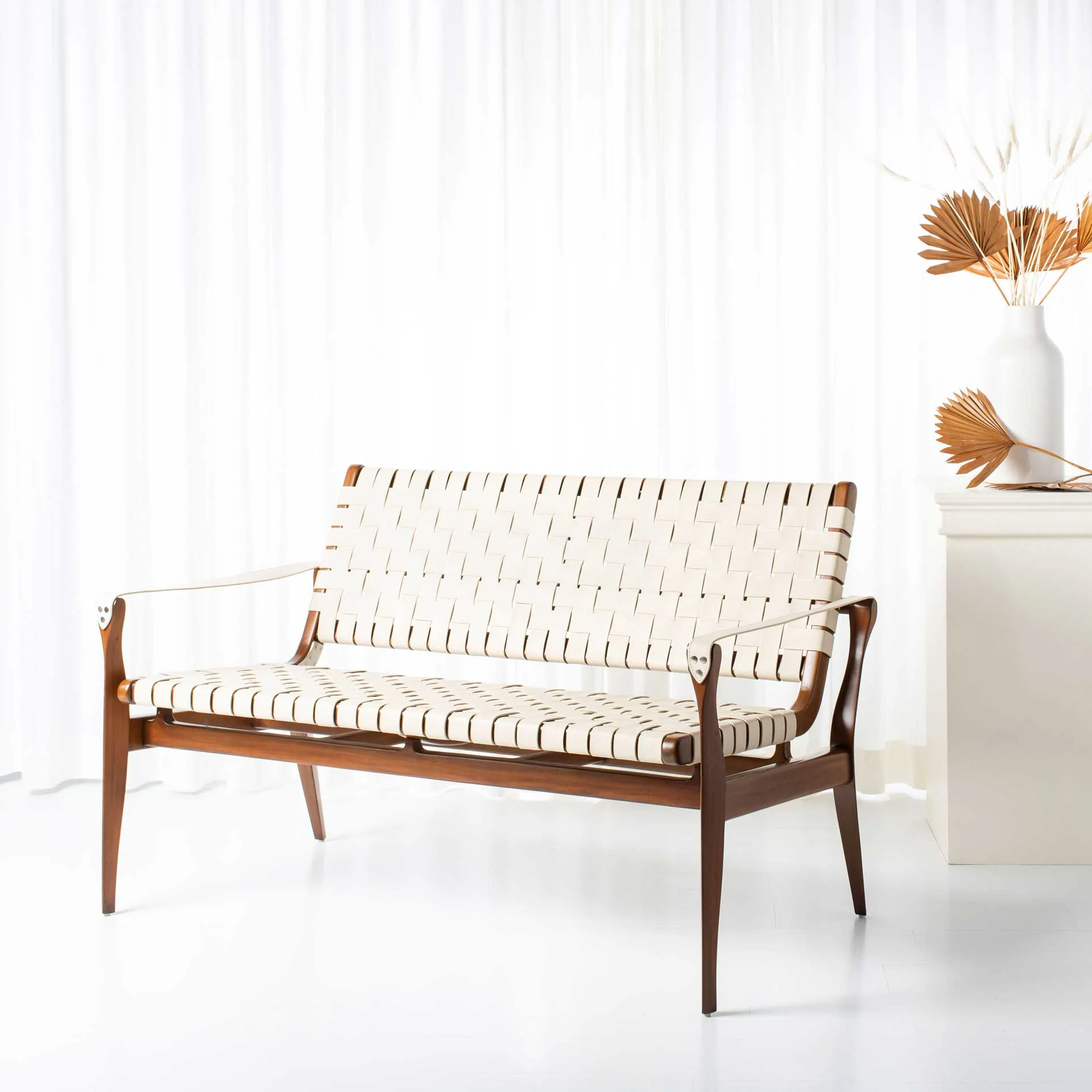 Diya Leather Loveseat White/Light Brown - Image 4