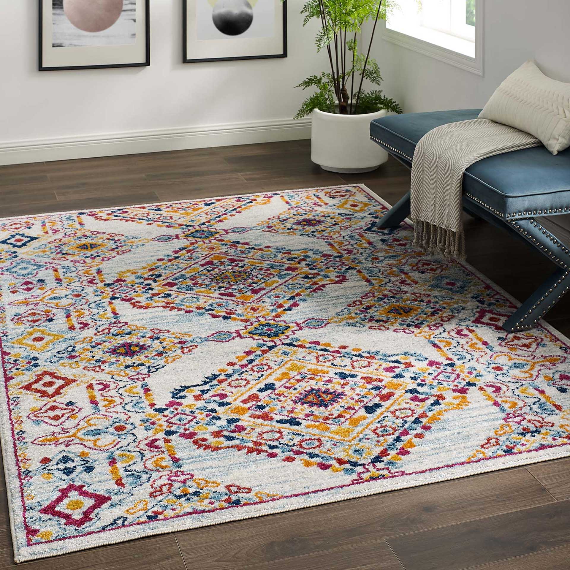 Eastham Lattice Area Rug Ivory/Blue/Orange/Yellow/Red - Image 9