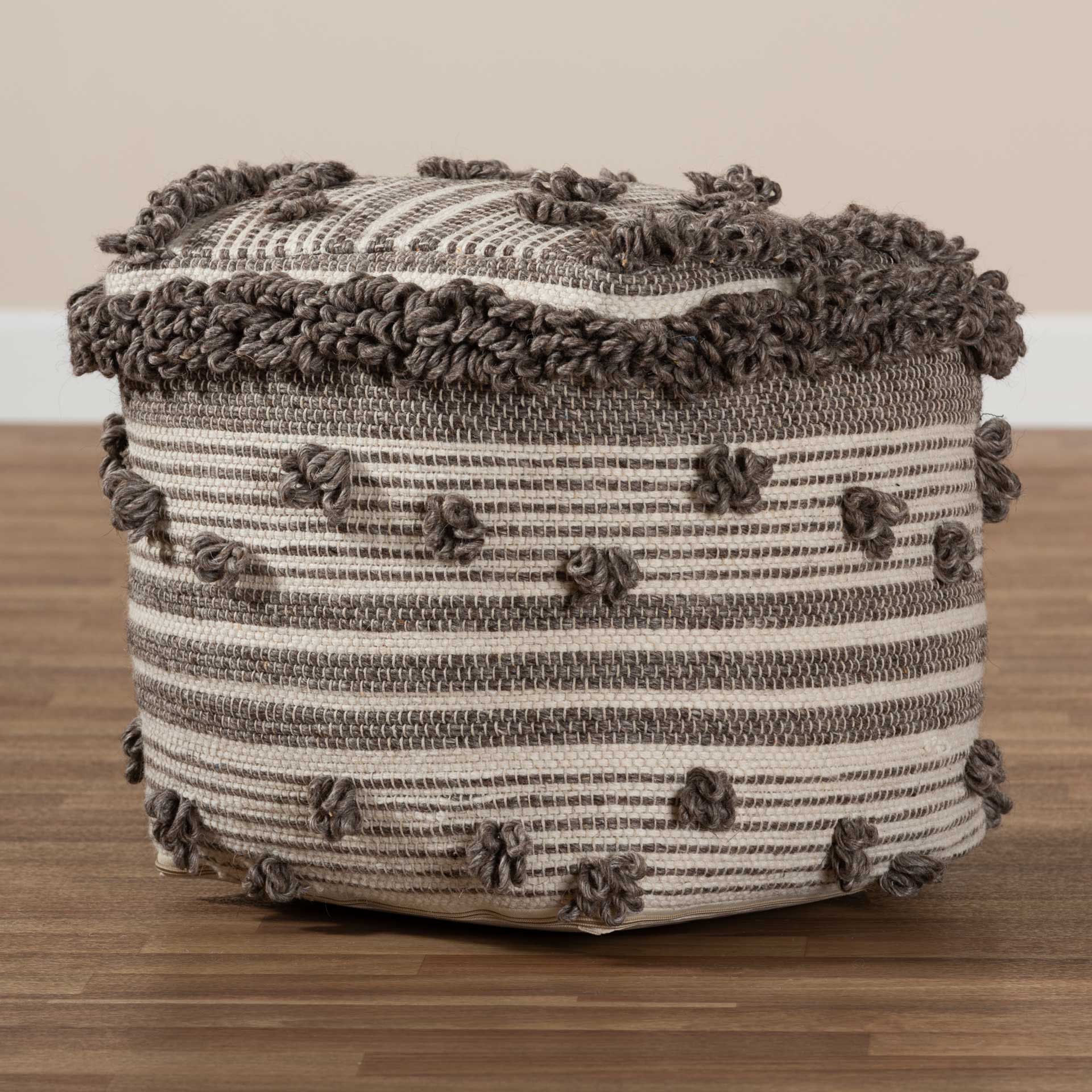 Elaina Handwoven Wool Pouf Ivory/Brown - Image 5