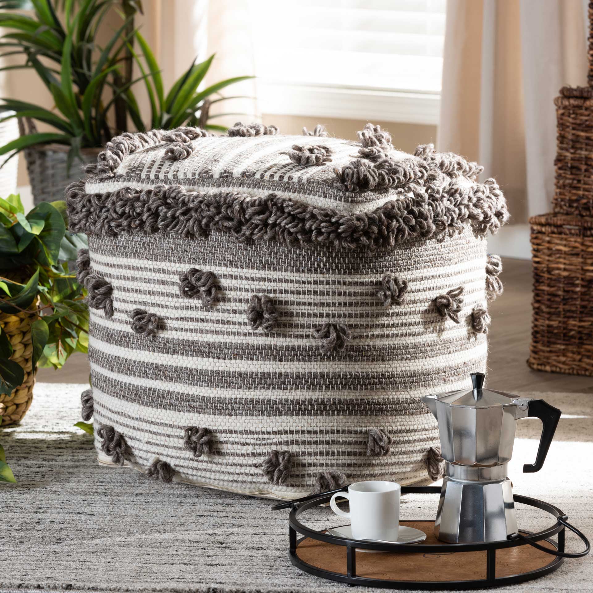 Elaina Handwoven Wool Pouf Ivory/Brown - Image 6